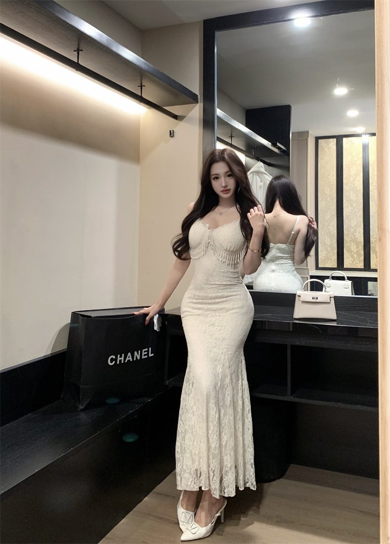 French Vintage Square Neck Cami Dress Women's Cinched Waist A-Line Mermaid Long Dress - Image 2