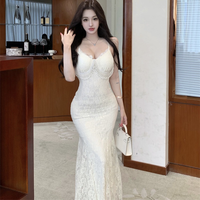 French Vintage Square Neck Cami Dress Women's Cinched Waist A-Line Mermaid Long Dress - Image 5