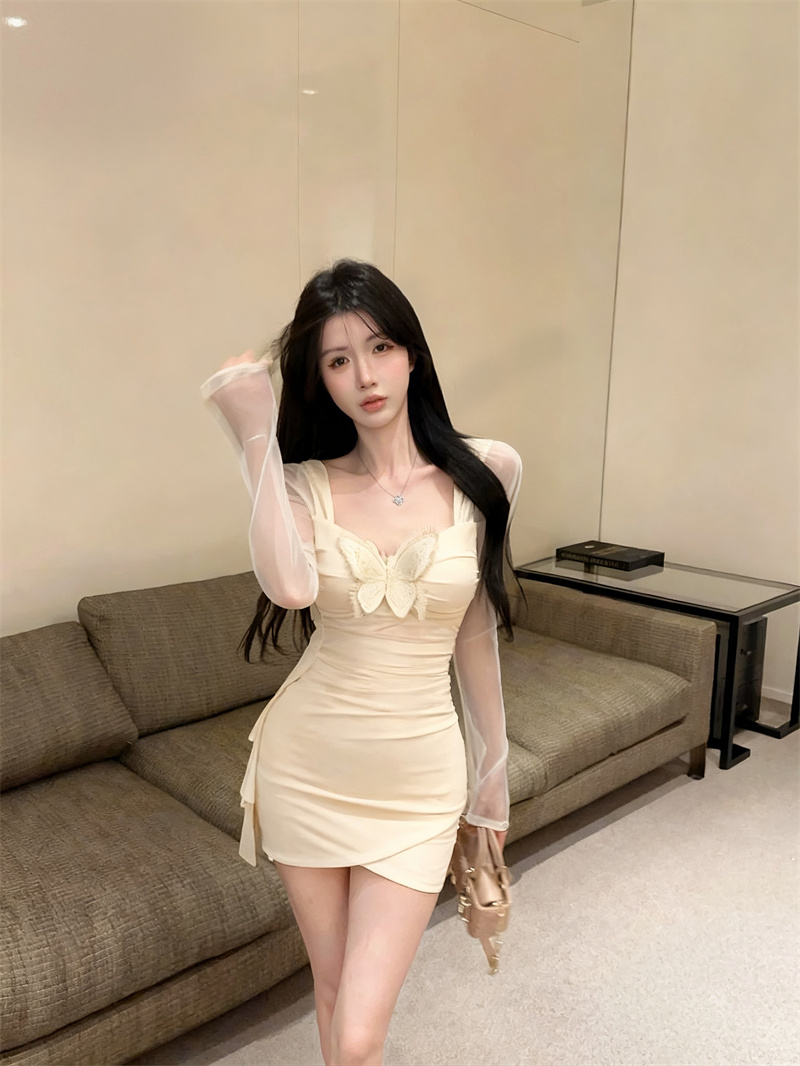 2026 Early Spring Square Neck Bodycon Mesh Long Sleeve Dress