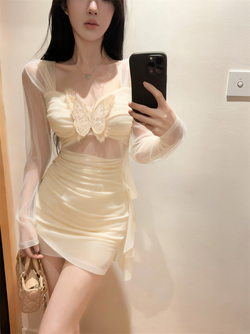 2026 Early Spring Square Neck Bodycon Mesh Long Sleeve Dress - Image 3