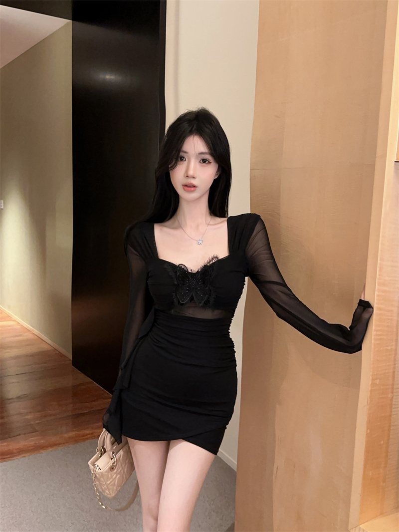 2026 Early Spring Square Neck Bodycon Mesh Long Sleeve Dress - Image 4