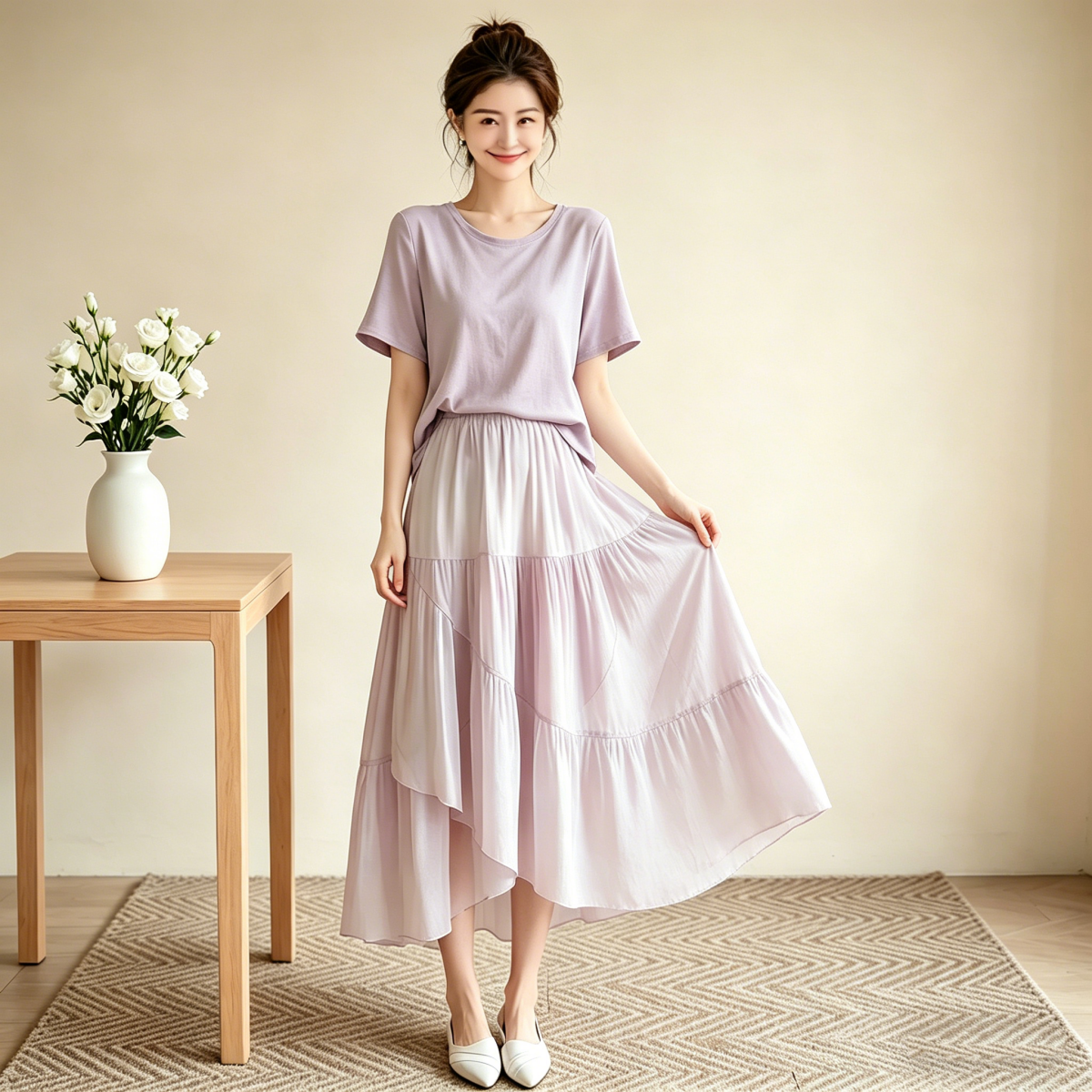 2026 Summer New Casual Fashion Age-Reducing Small Fragrance Style Satin Top and Gradient Skirt Two-Piece Set for Women - Image 3