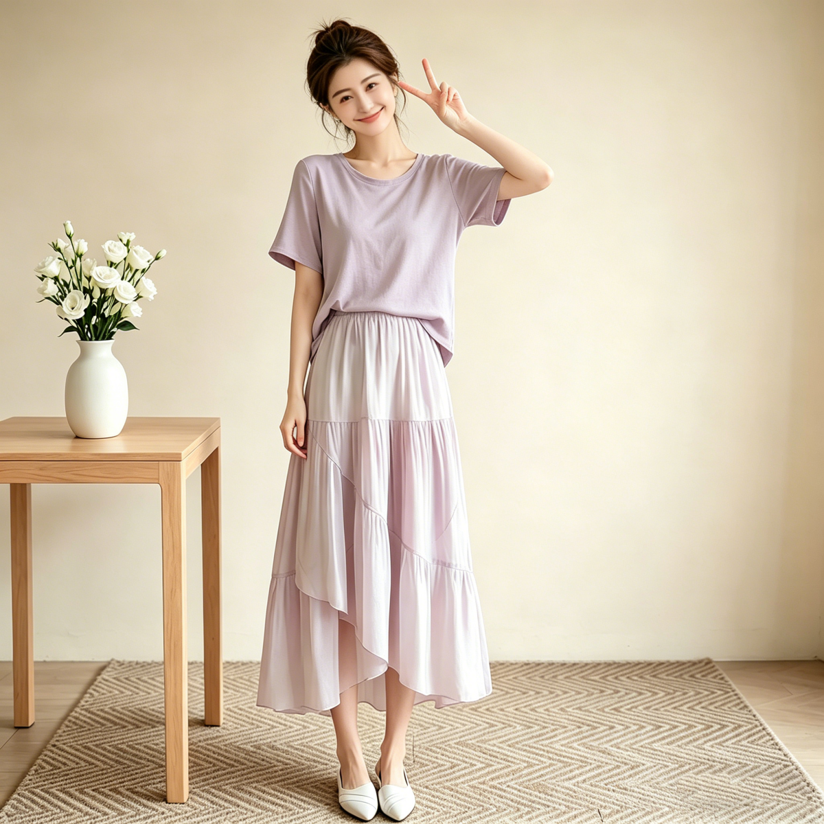 2026 Summer New Casual Fashion Age-Reducing Small Fragrance Style Satin Top and Gradient Skirt Two-Piece Set for Women