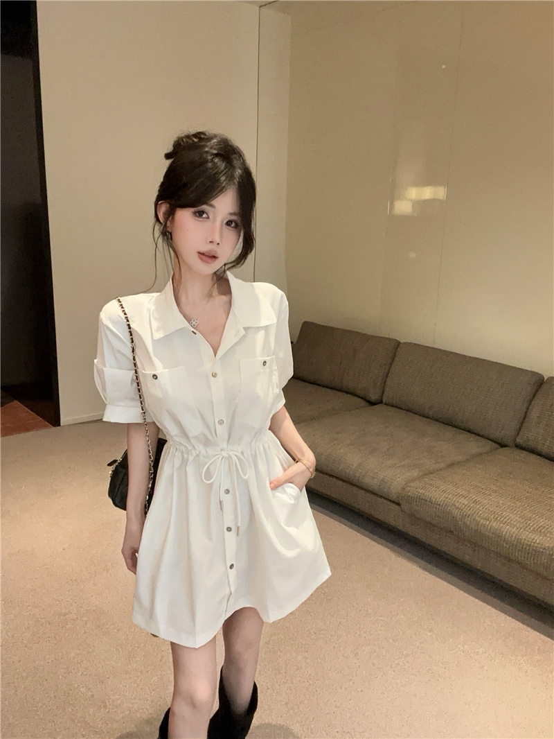 2026 Summer Vintage Workwear Polo Collar Short Sleeve Drawstring Waist Slim Dress - Image 2