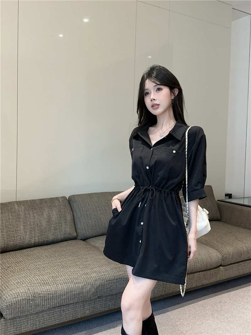 2026 Summer Vintage Workwear Polo Collar Short Sleeve Drawstring Waist Slim Dress - Image 3