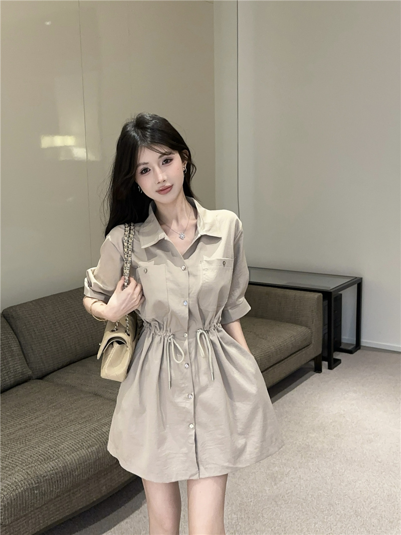 2026 Summer Vintage Workwear Polo Collar Short Sleeve Drawstring Waist Slim Dress