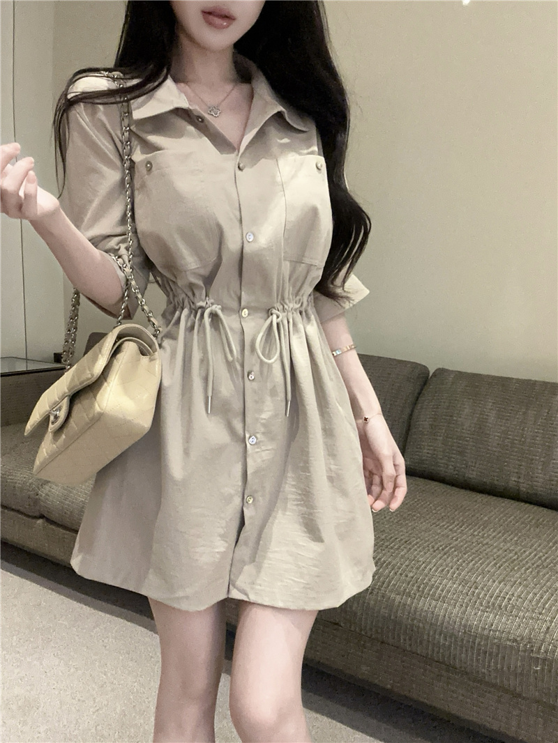 2026 Summer Vintage Workwear Polo Collar Short Sleeve Drawstring Waist Slim Dress - Image 4