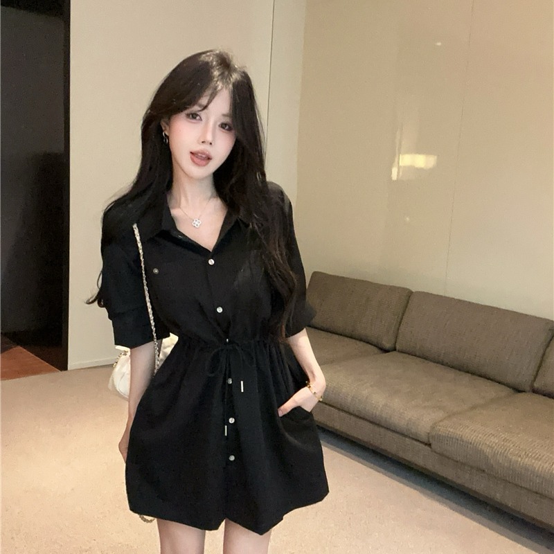 2026 Summer Vintage Workwear Polo Collar Short Sleeve Drawstring Waist Slim Dress - Image 5
