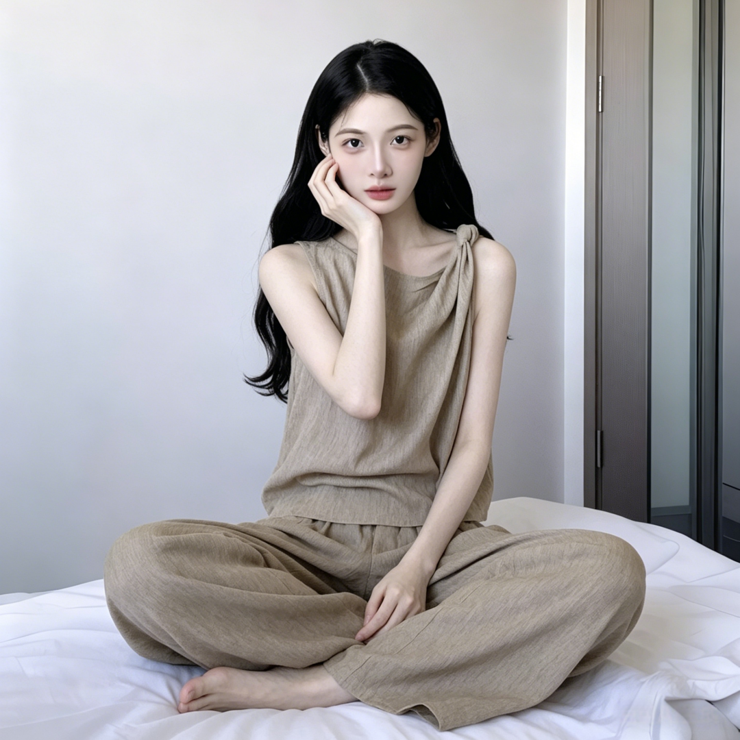 Women's Summer Linen Wide-Leg Pants Set - Light Luxury Two-Piece Outfit