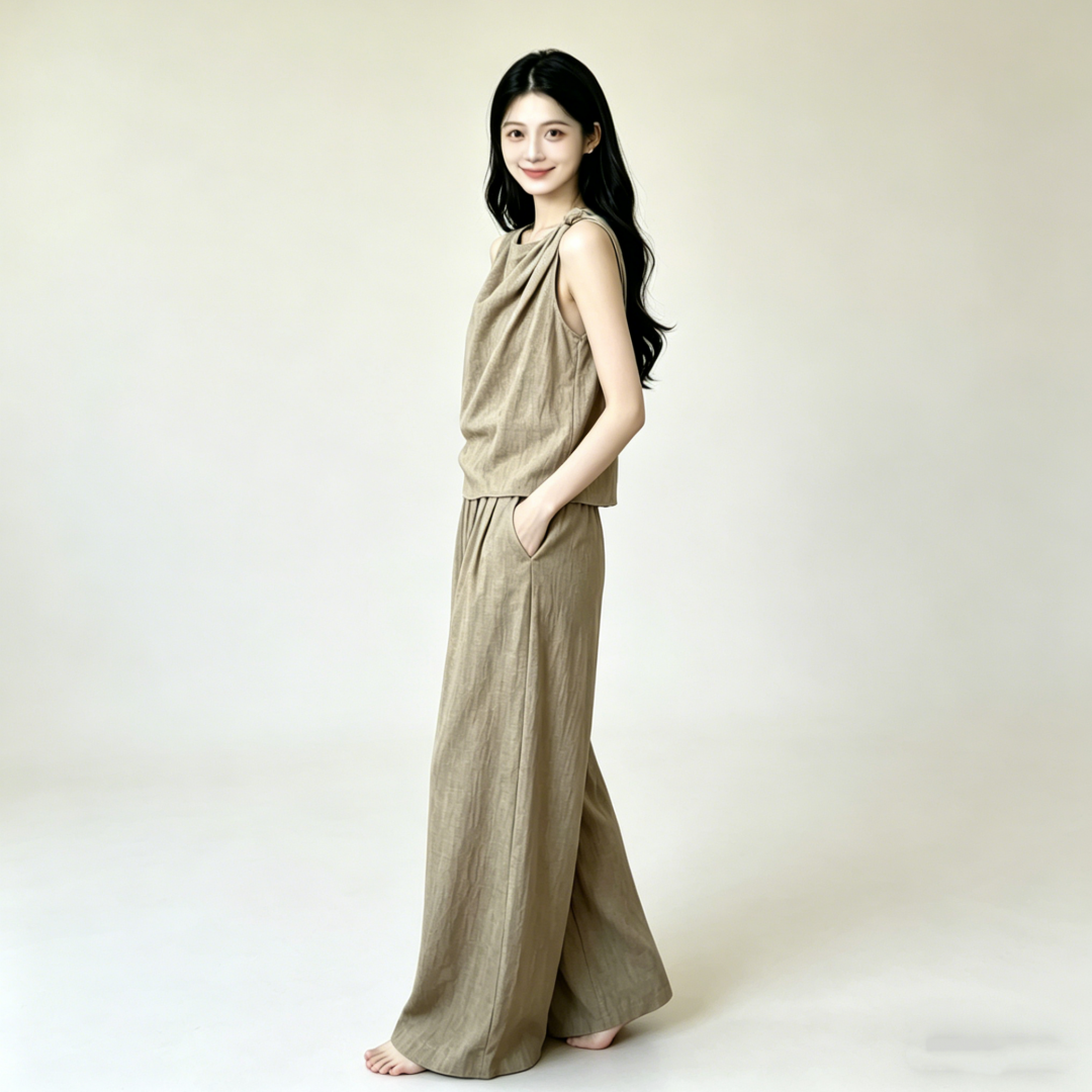 Women's Summer Linen Wide-Leg Pants Set - Light Luxury Two-Piece Outfit - Image 2