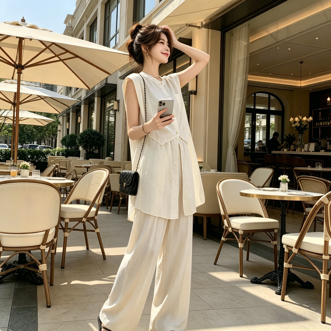 Women's Relaxed Casual Two-Piece Set Sleeveless Mesh Panel Top and Wide-Leg Pants Summer 2026 - Image 2