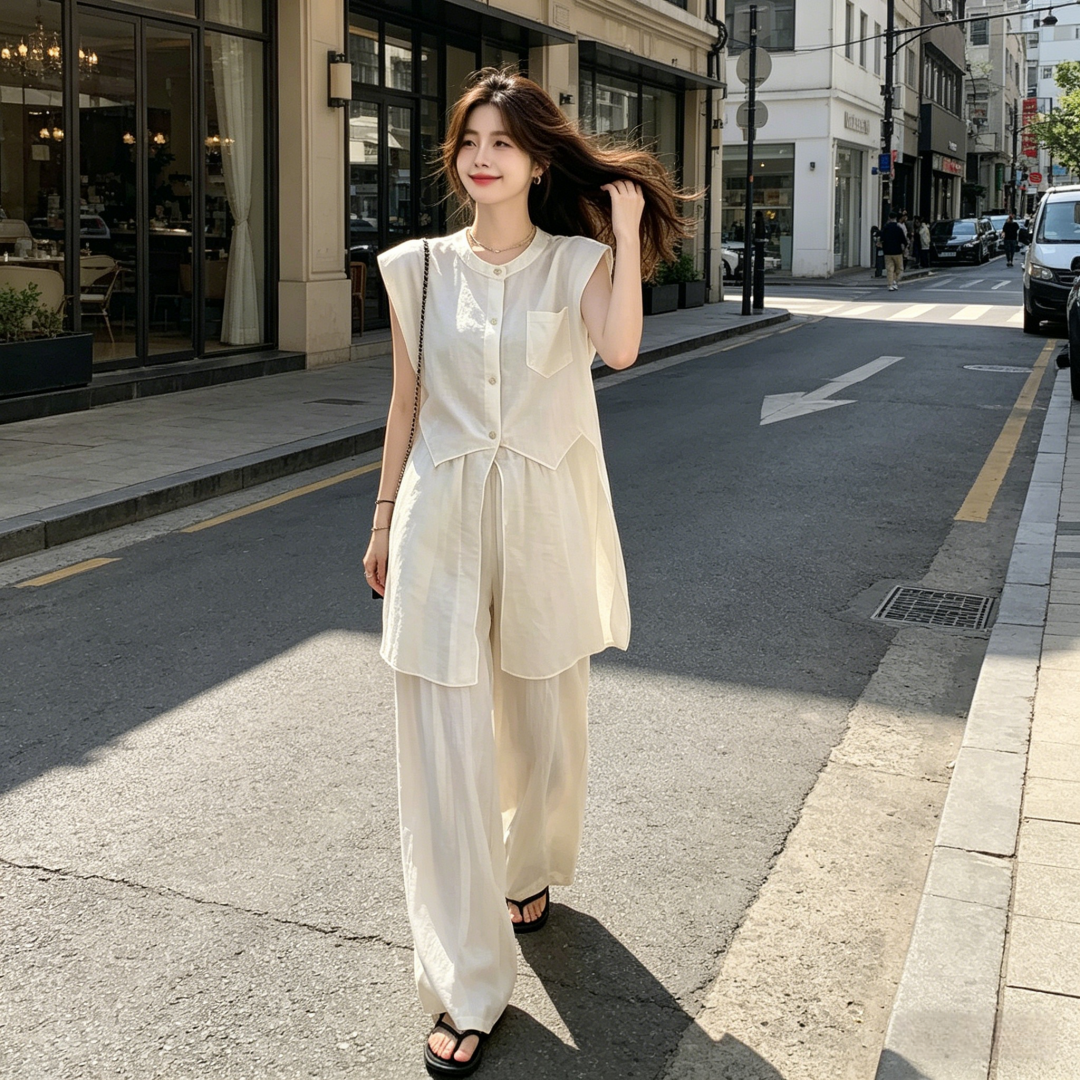 Women's Relaxed Casual Two-Piece Set Sleeveless Mesh Panel Top and Wide-Leg Pants Summer 2026 - Image 3
