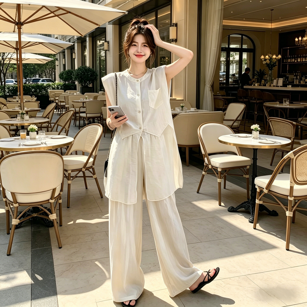 Women's Relaxed Casual Two-Piece Set Sleeveless Mesh Panel Top and Wide-Leg Pants Summer 2026