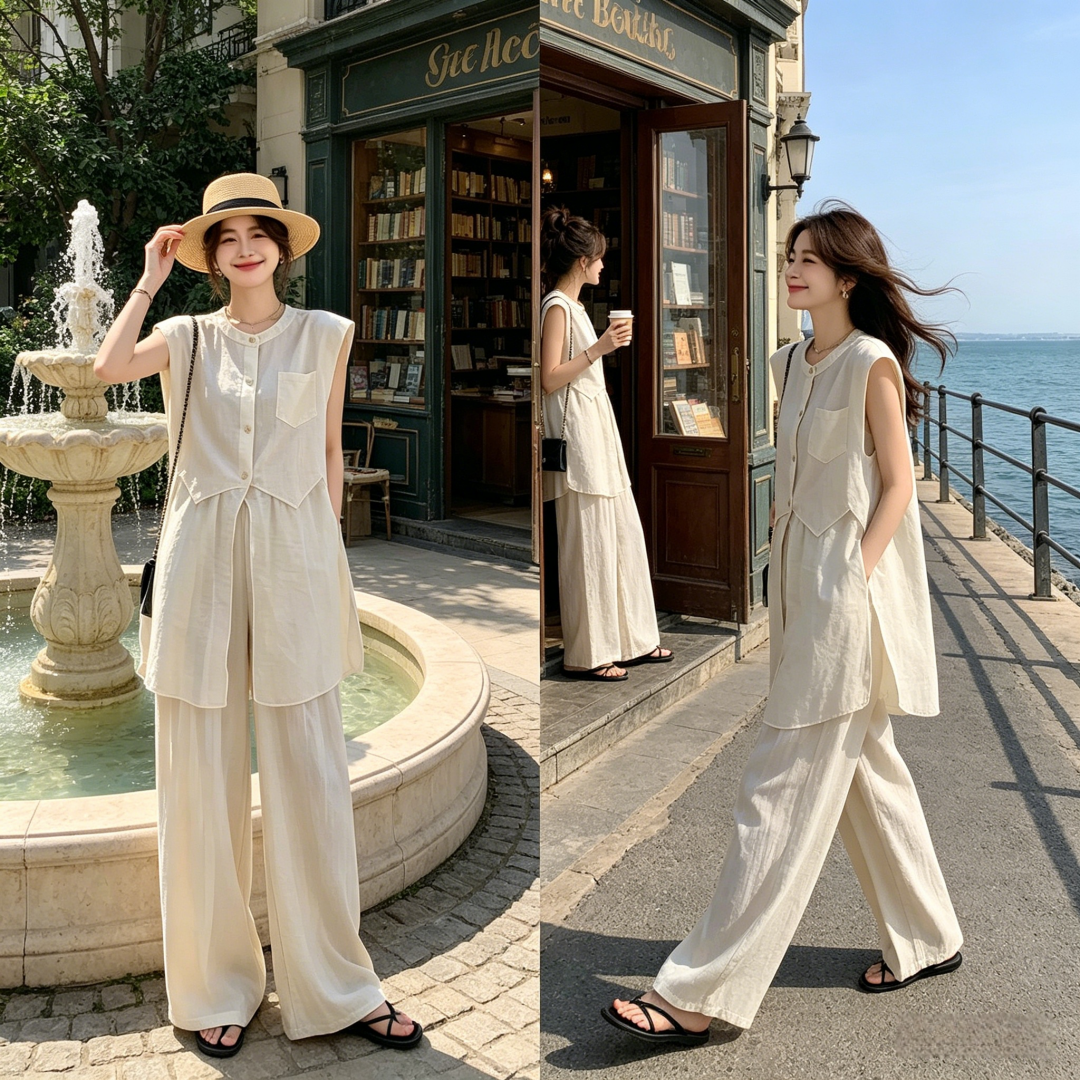 Women's Relaxed Casual Two-Piece Set Sleeveless Mesh Panel Top and Wide-Leg Pants Summer 2026 - Image 4