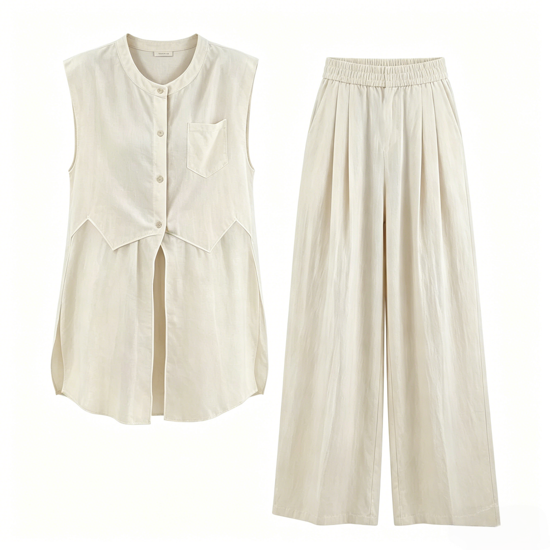 Women's Relaxed Casual Two-Piece Set Sleeveless Mesh Panel Top and Wide-Leg Pants Summer 2026 - Image 5