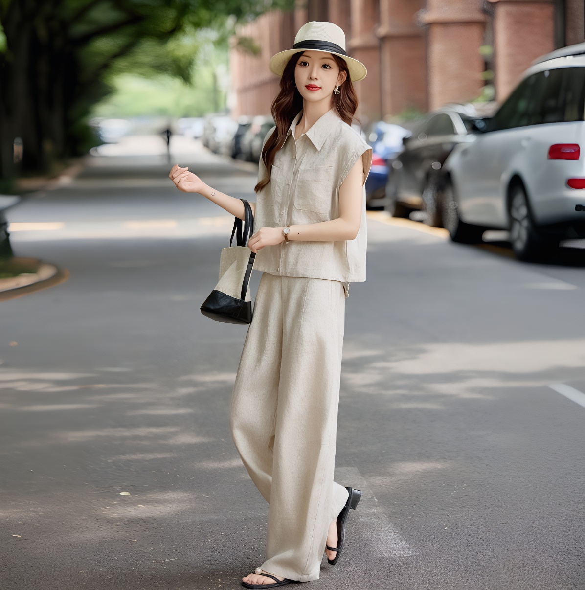 High-End Linen Set Women Summer Sleeveless Shirt Salt Style Age-Reducing Outfit Wide-Leg Pants Beige Casual Two-Piece - Image 4