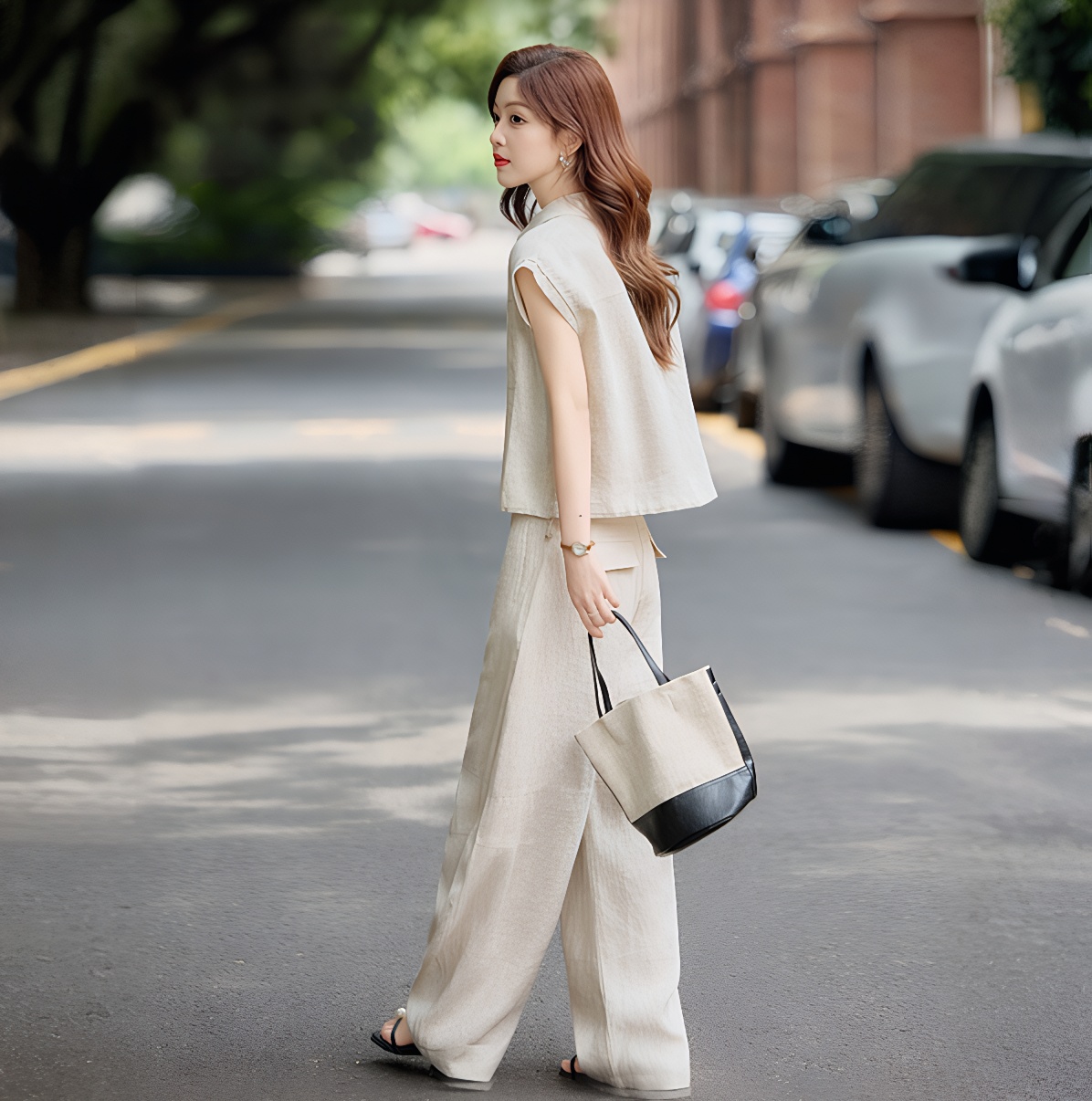 High-End Linen Set Women Summer Sleeveless Shirt Salt Style Age-Reducing Outfit Wide-Leg Pants Beige Casual Two-Piece - Image 2