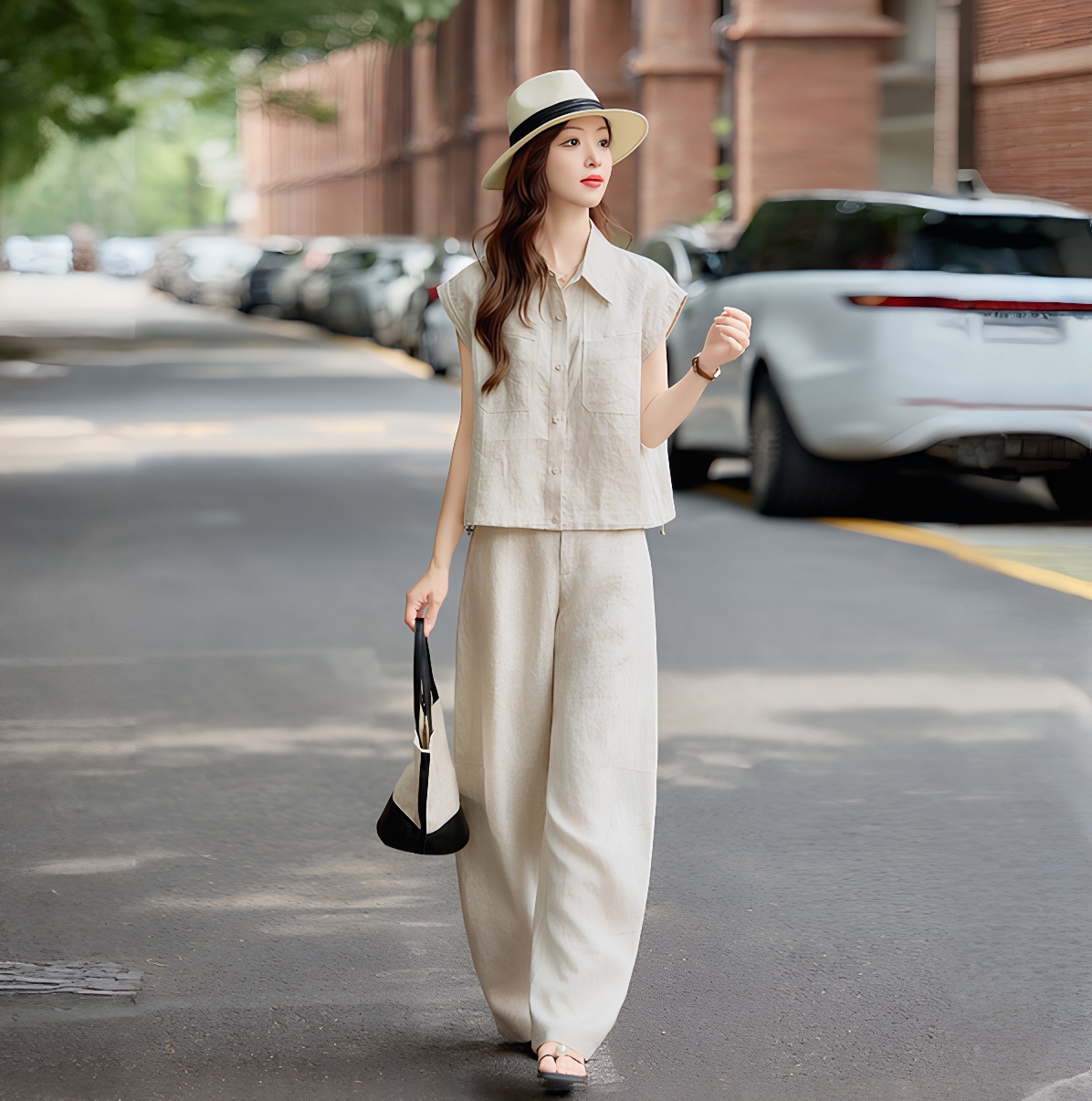 High-End Linen Set Women Summer Sleeveless Shirt Salt Style Age-Reducing Outfit Wide-Leg Pants Beige Casual Two-Piece