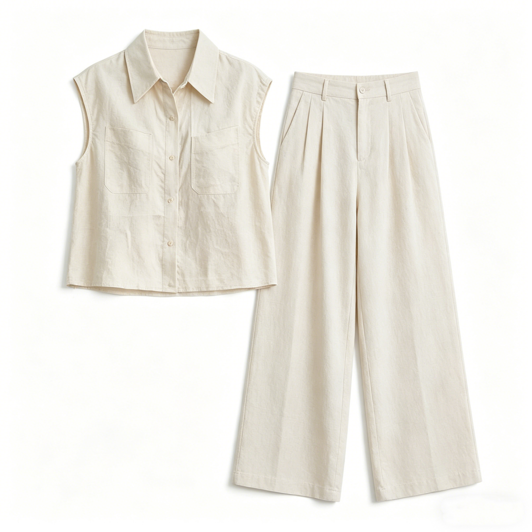 High-End Linen Set Women Summer Sleeveless Shirt Salt Style Age-Reducing Outfit Wide-Leg Pants Beige Casual Two-Piece - Image 5