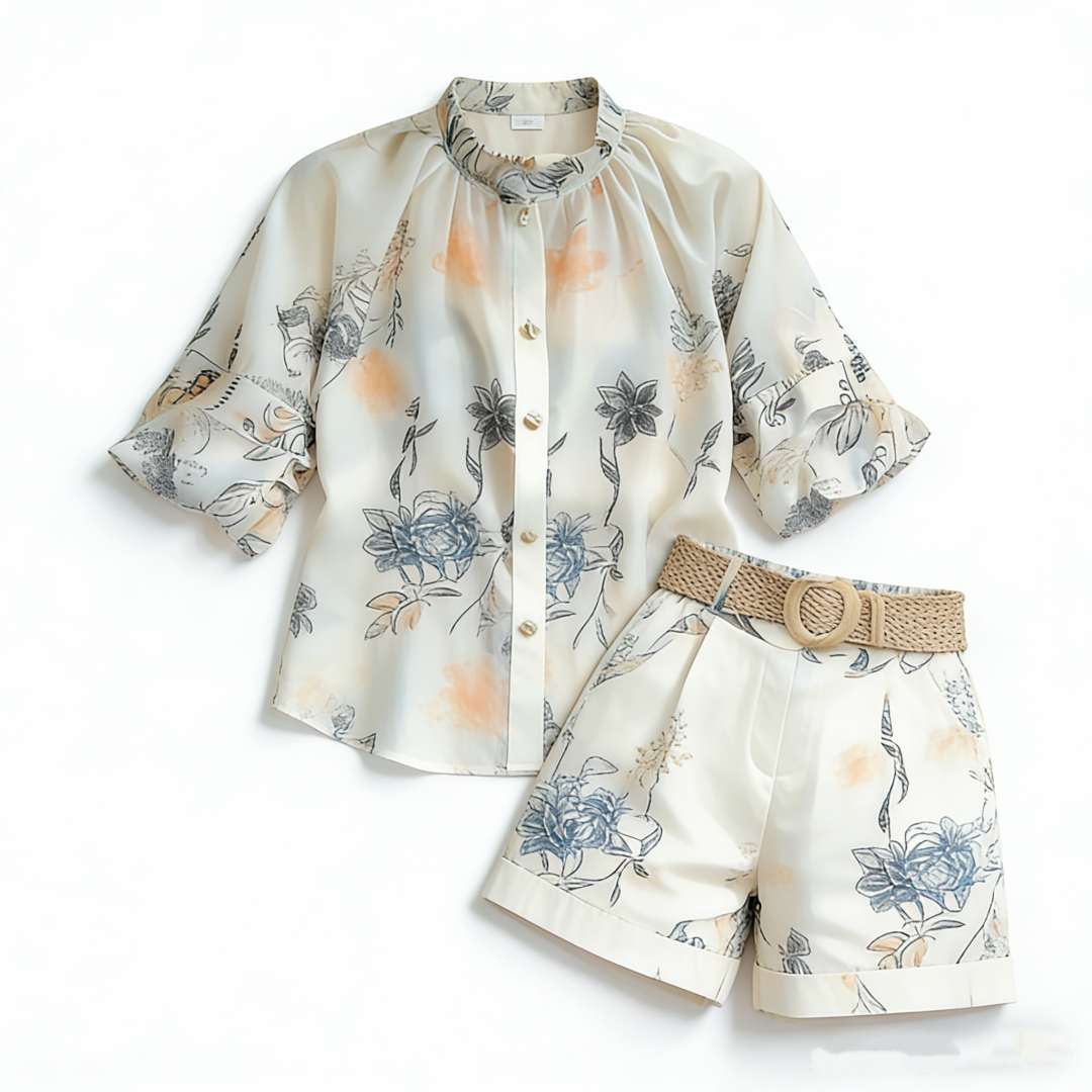 Women's Summer Two-Piece Set Light Luxury Printed Chiffon Shirt and Shorts - Image 5