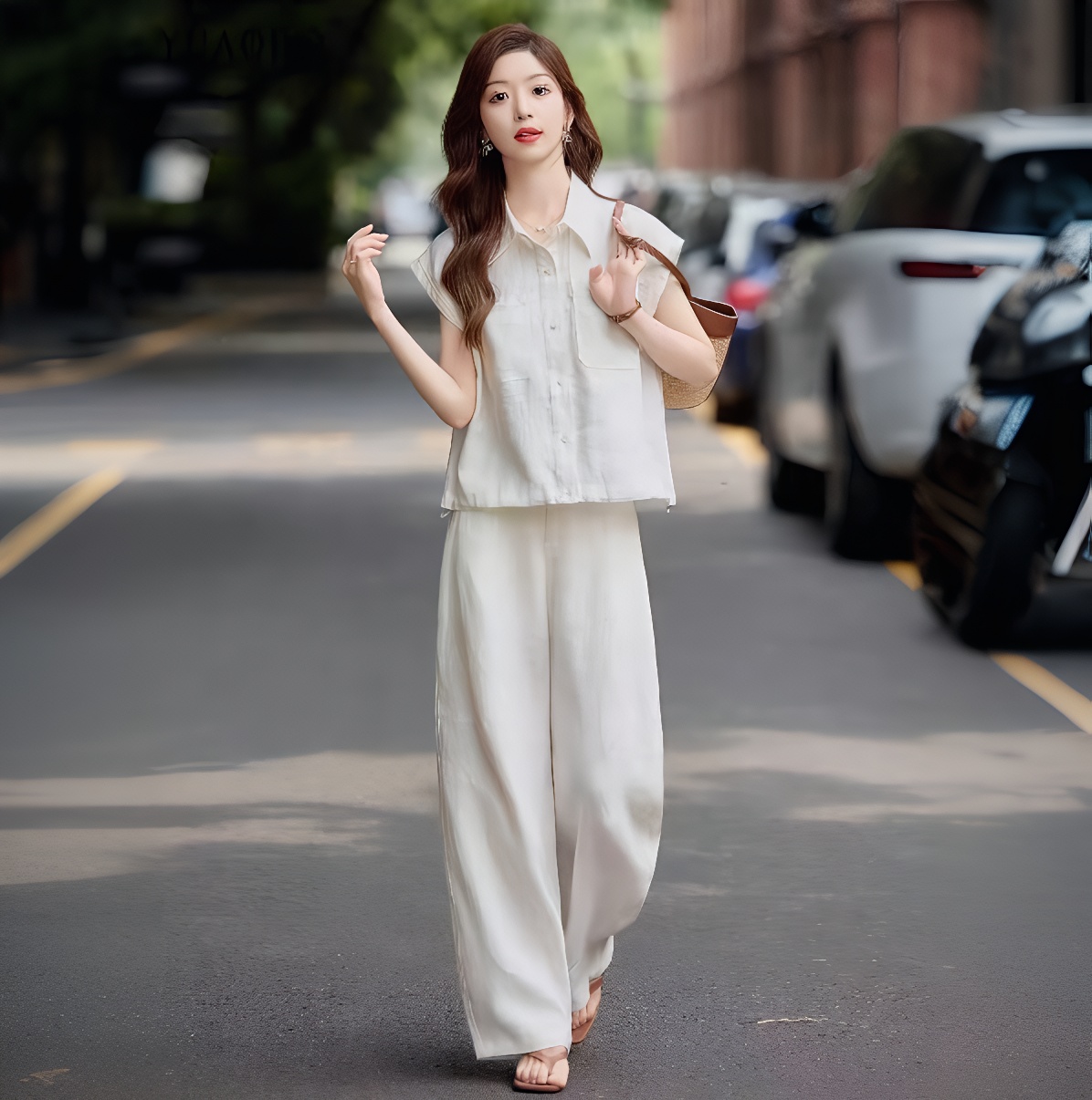 High-End Linen Set Women Summer Sleeveless Shirt Salt Style Age-Reducing Outfit Wide-Leg Pants Beige Casual Two-Piece - Image 3