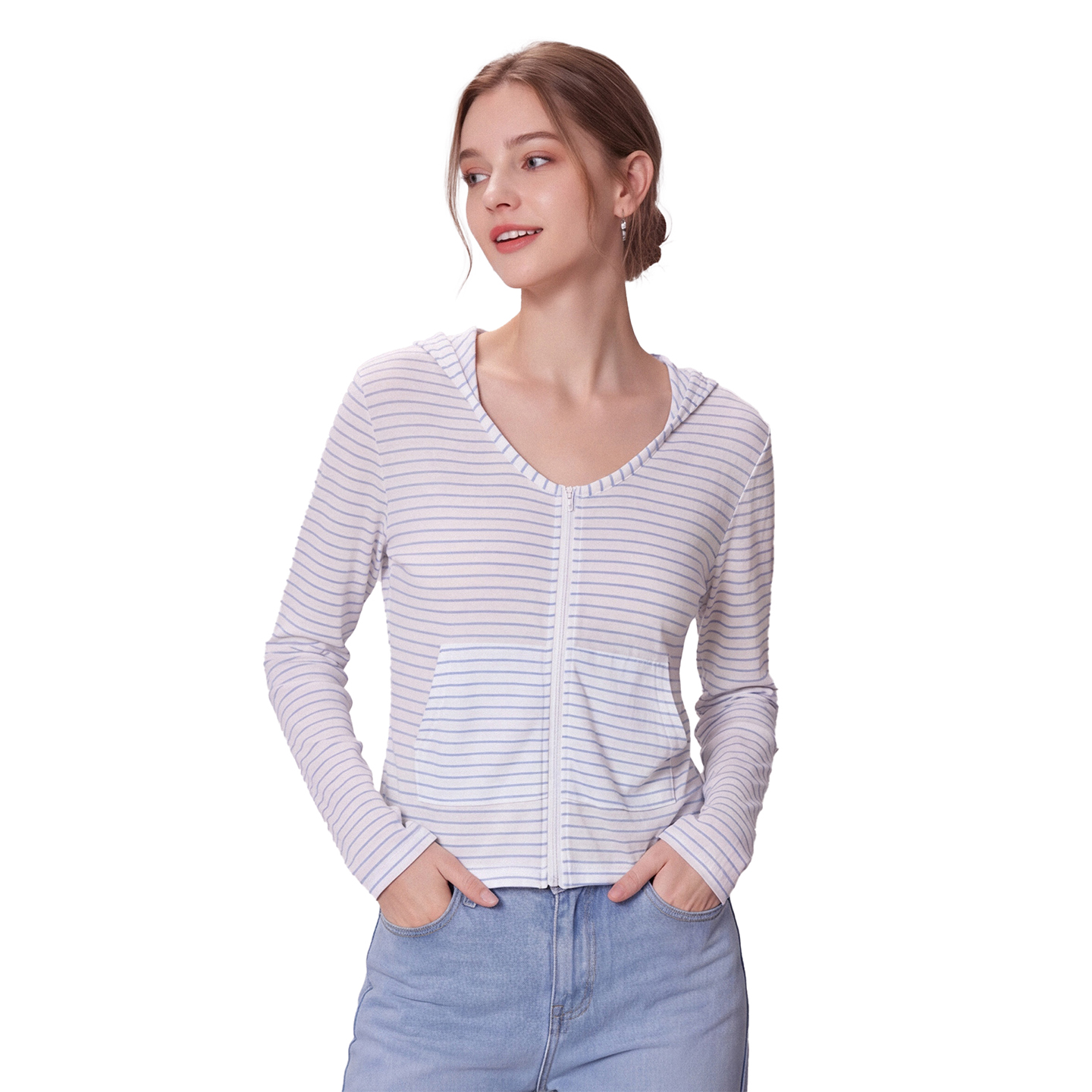 Color Block Striped Hooded Long Sleeve Sun Protection Cardigan Women Summer New Double Pocket Lightweight Breathable Petite Sun Shirt