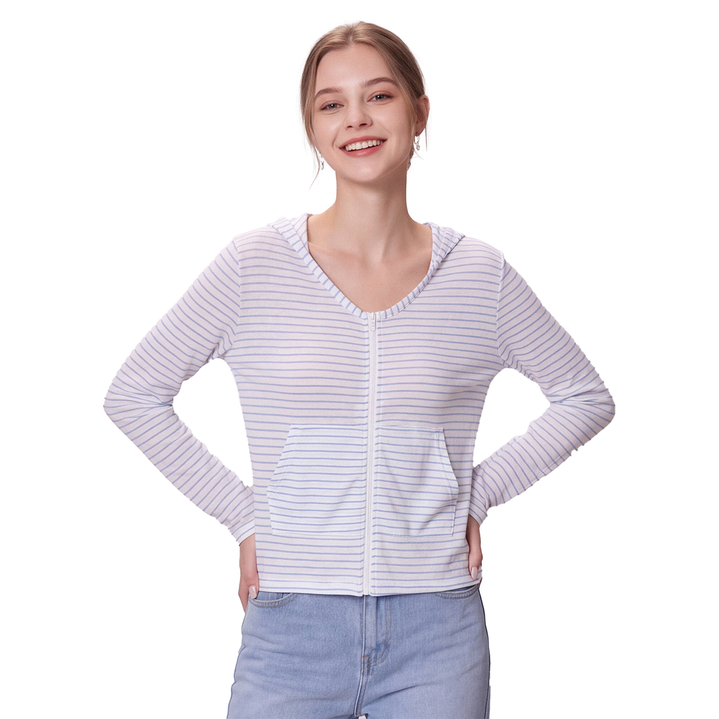 Color Block Striped Hooded Long Sleeve Sun Protection Cardigan Women Summer New Double Pocket Lightweight Breathable Petite Sun Shirt - Image 2