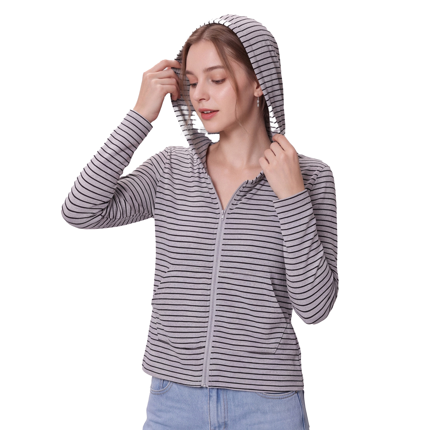 Color Block Striped Hooded Long Sleeve Sun Protection Cardigan Women Summer New Double Pocket Lightweight Breathable Petite Sun Shirt - Image 4