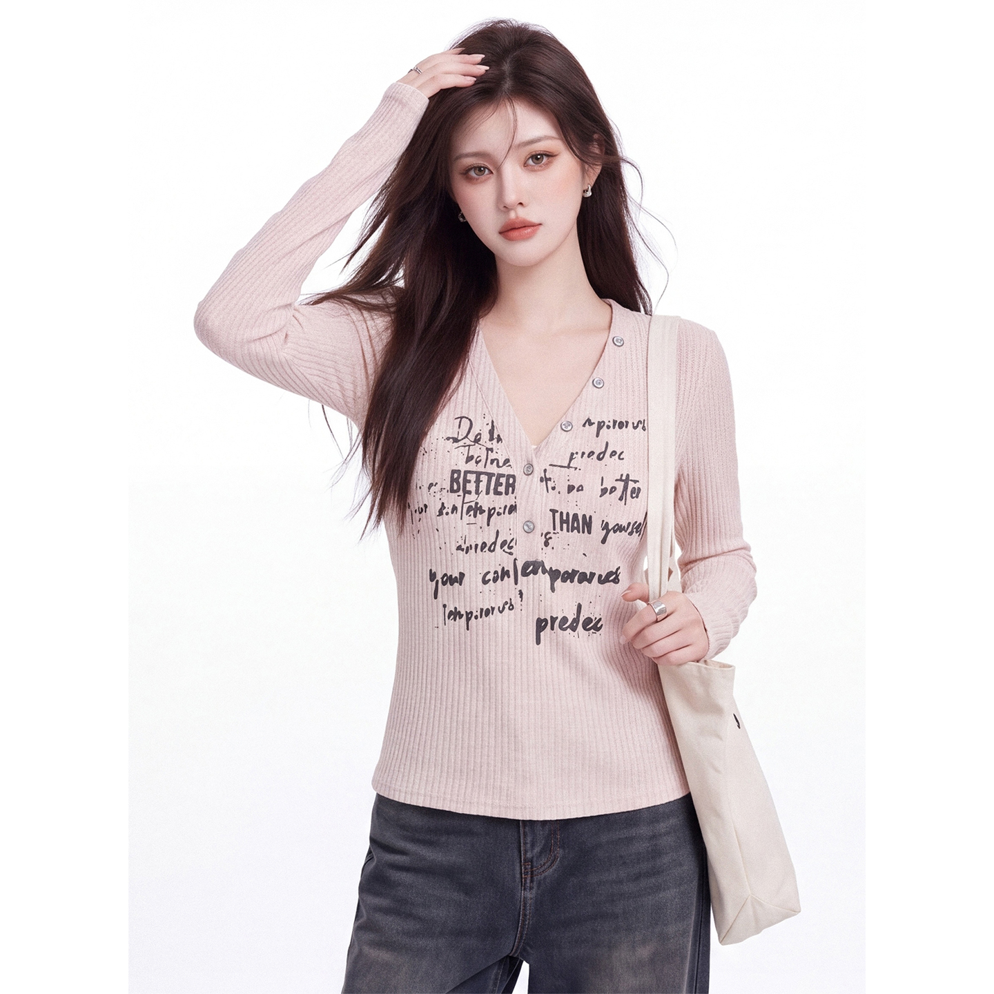 Retro Letter Print V-Neck Long Sleeve T-Shirt Women Early Autumn Slim Cropped Ribbed Top