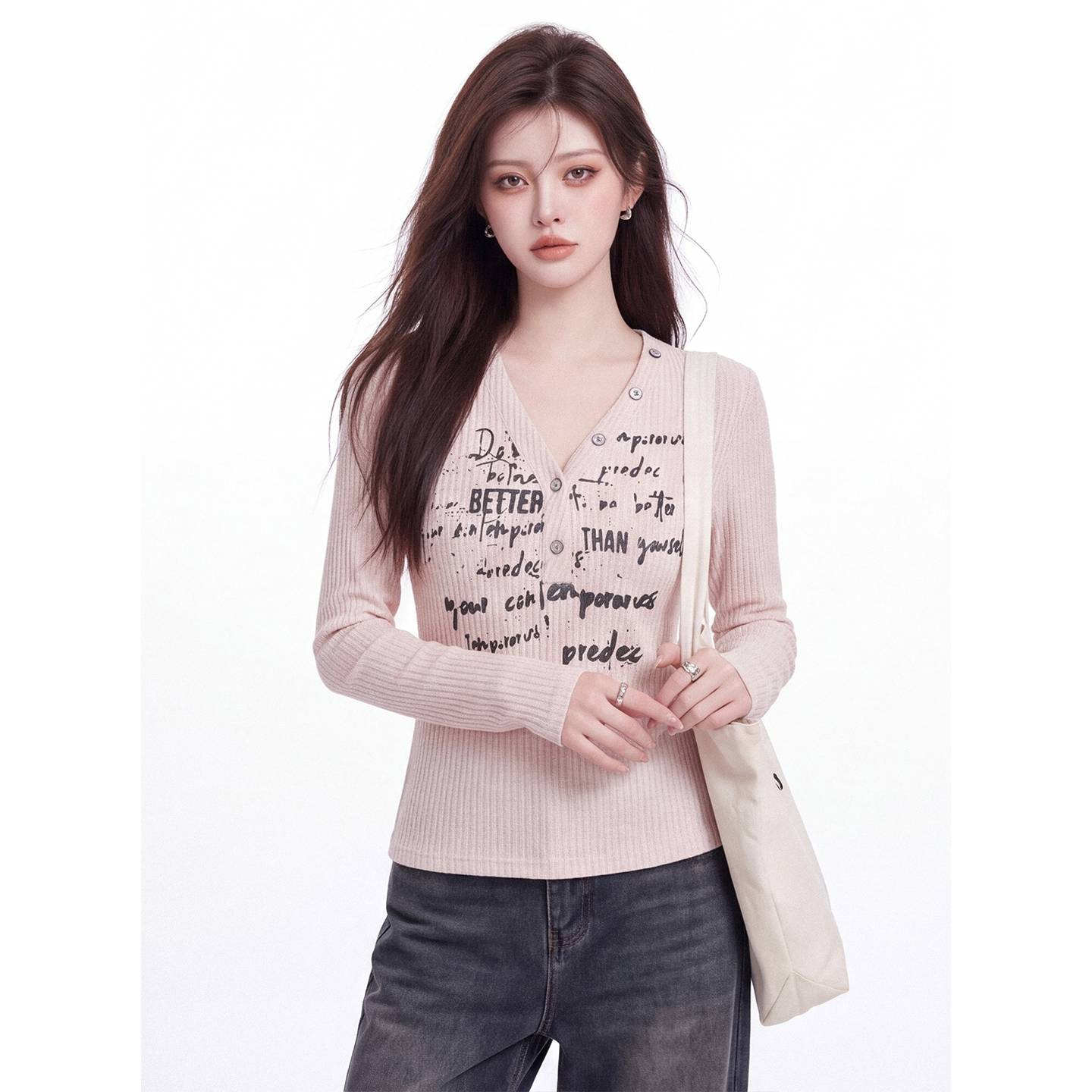 Retro Letter Print V-Neck Long Sleeve T-Shirt Women Early Autumn Slim Cropped Ribbed Top - Image 2