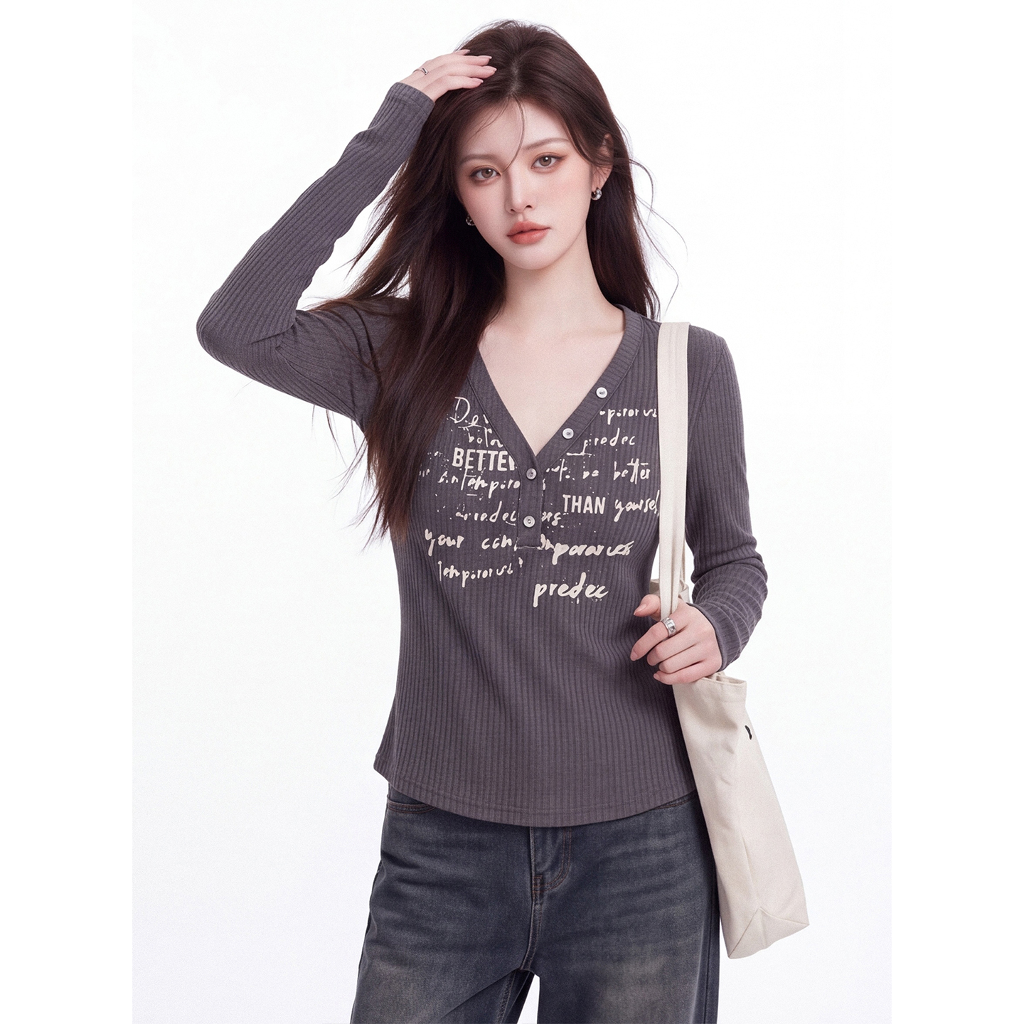 Retro Letter Print V-Neck Long Sleeve T-Shirt Women Early Autumn Slim Cropped Ribbed Top - Image 3