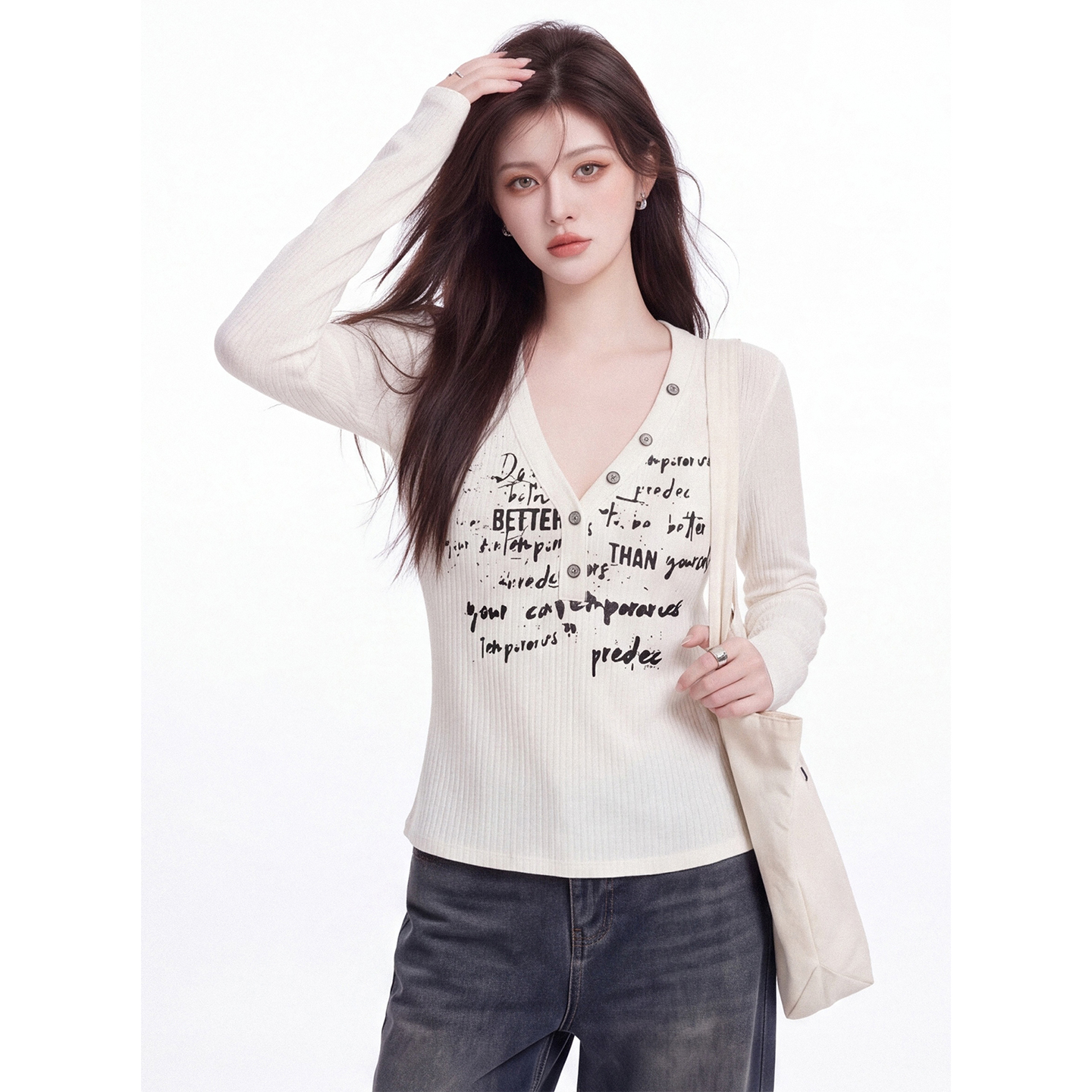 Retro Letter Print V-Neck Long Sleeve T-Shirt Women Early Autumn Slim Cropped Ribbed Top - Image 4