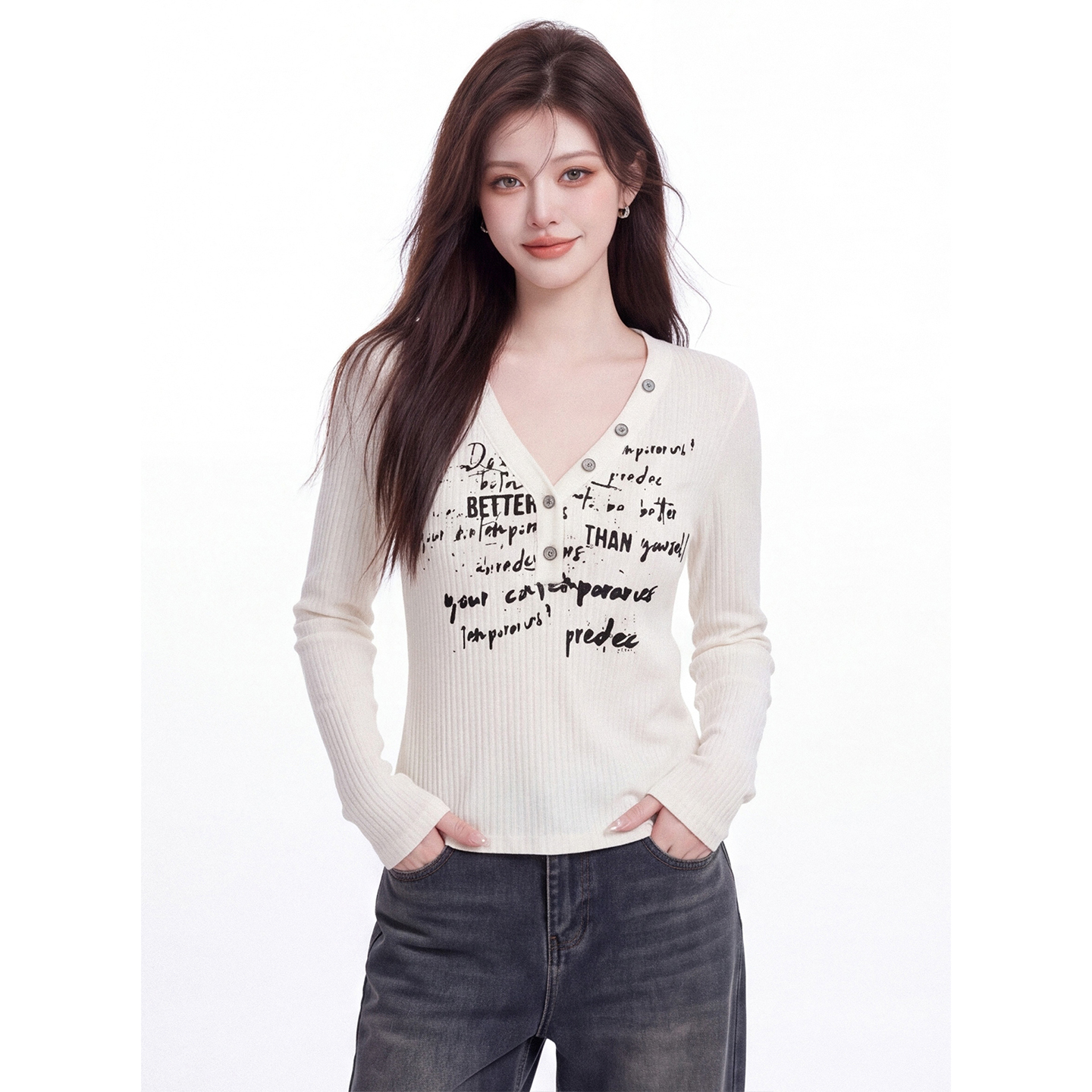 Retro Letter Print V-Neck Long Sleeve T-Shirt Women Early Autumn Slim Cropped Ribbed Top - Image 5