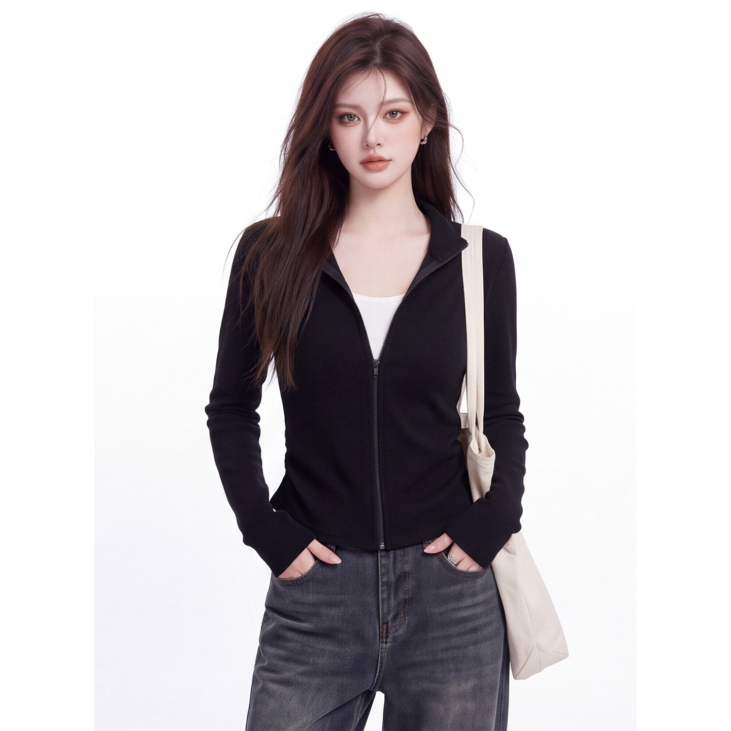 Color Block Faux Two Piece Stand Collar Long Sleeve T Shirt Women Autumn Korean Design Slim Fit Top - Image 5