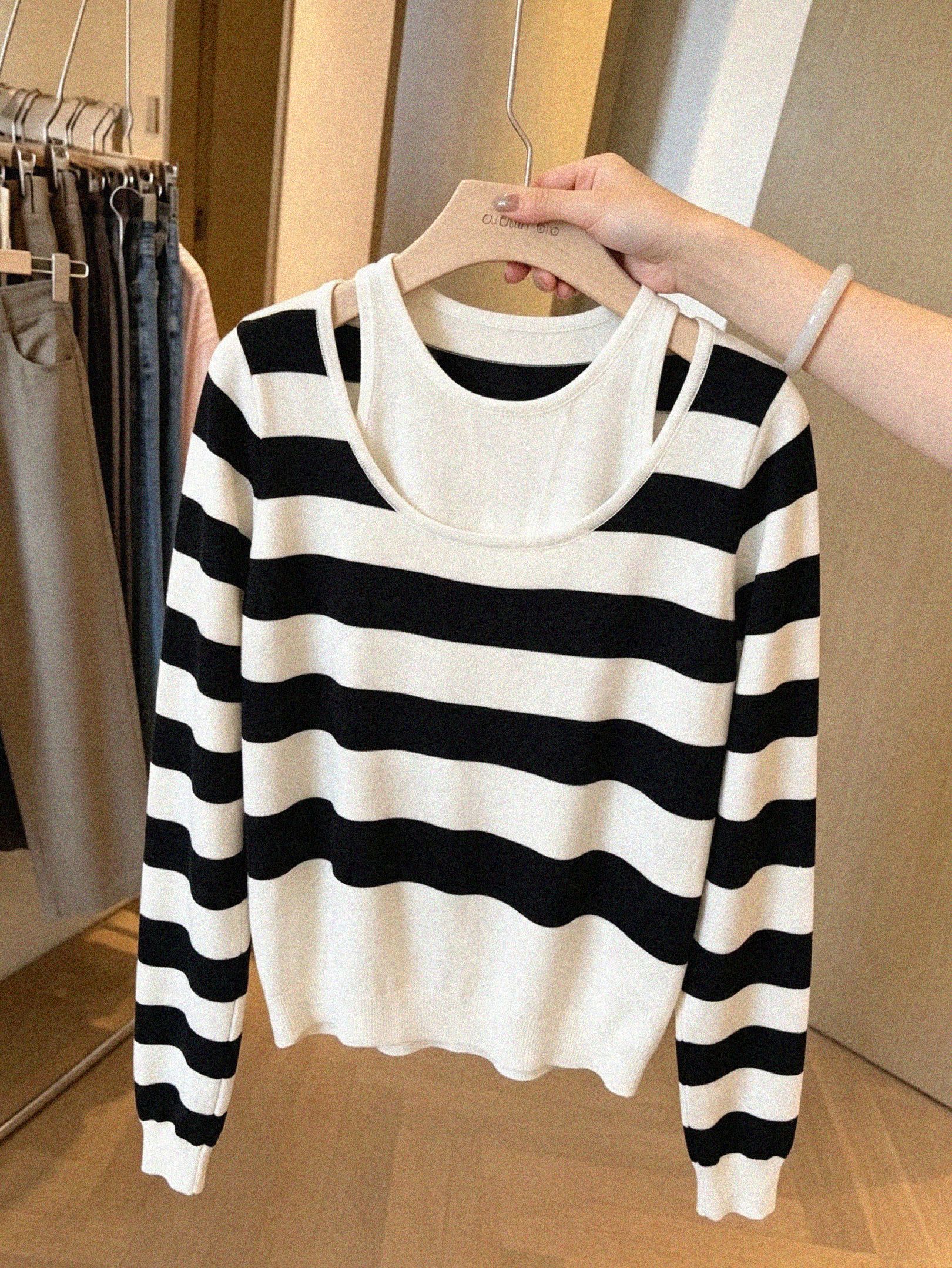 Women's Two-Piece Off-Shoulder Low-Neck Long-Sleeve Knit Top Spring Chic Loose Lightweight - Image 2