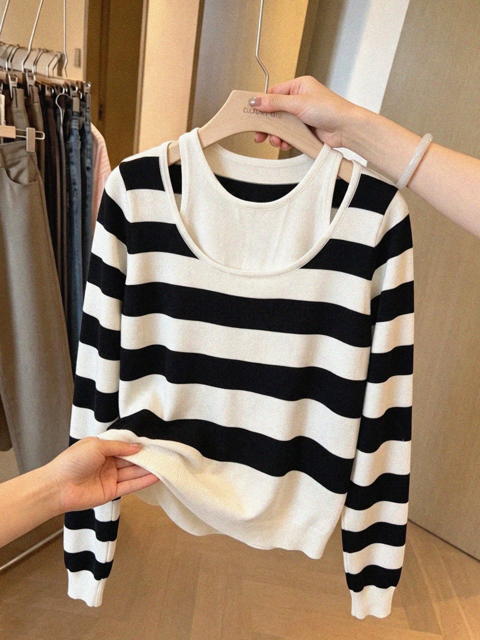 Women's Two-Piece Off-Shoulder Low-Neck Long-Sleeve Knit Top Spring Chic Loose Lightweight - Image 3