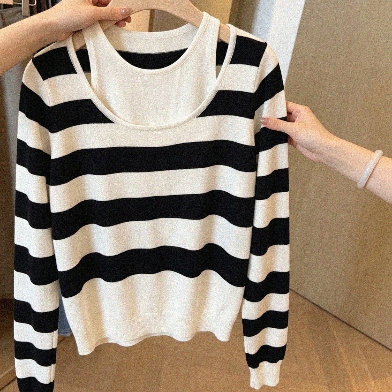 Women's Two-Piece Off-Shoulder Low-Neck Long-Sleeve Knit Top Spring Chic Loose Lightweight - Image 5