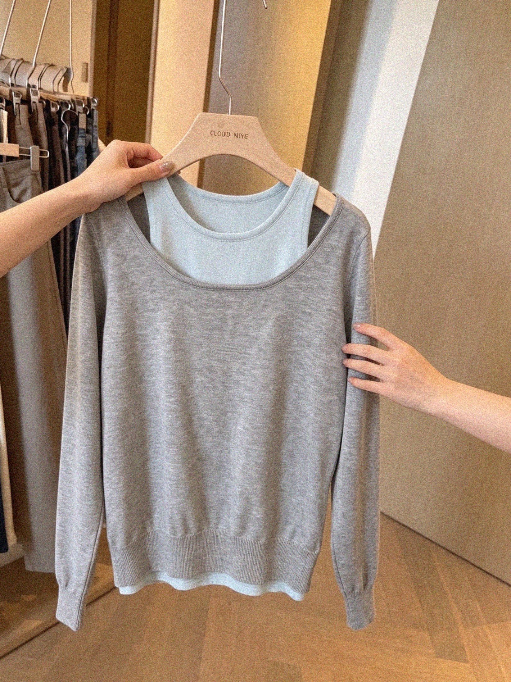 Women's Two-Piece Off-Shoulder Low-Neck Long-Sleeve Knit Top Chic Loose Fit - Style 3262b7 - Image 2
