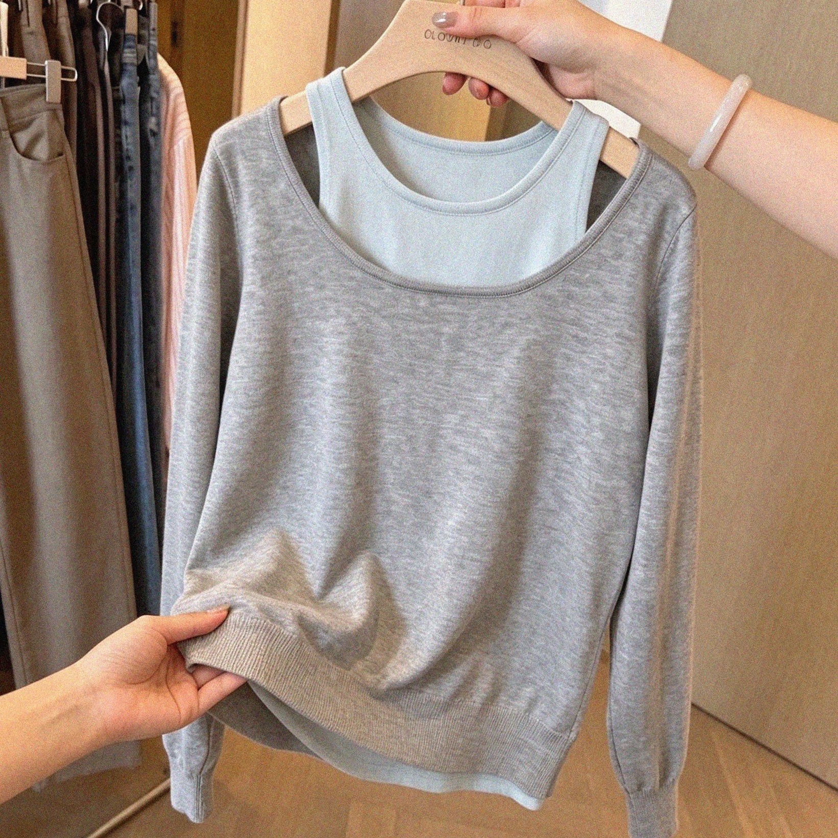 Women's Two-Piece Off-Shoulder Low-Neck Long-Sleeve Knit Top Chic Loose Fit - Style 3262b7 - Image 5