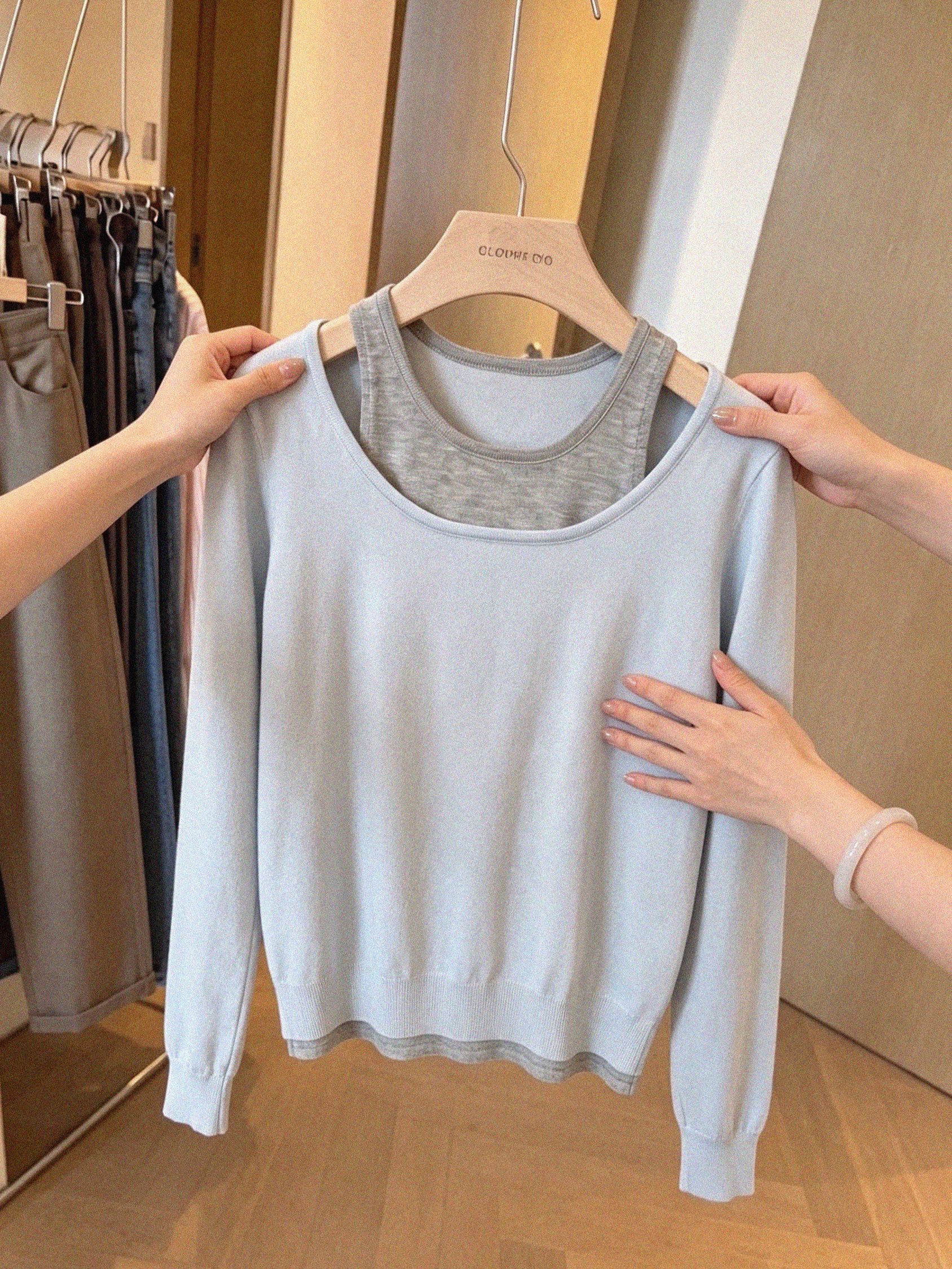 Korean Style Blue Two-Piece Asymmetric Off-Shoulder Long-Sleeve Knit Top for Women - Image 2