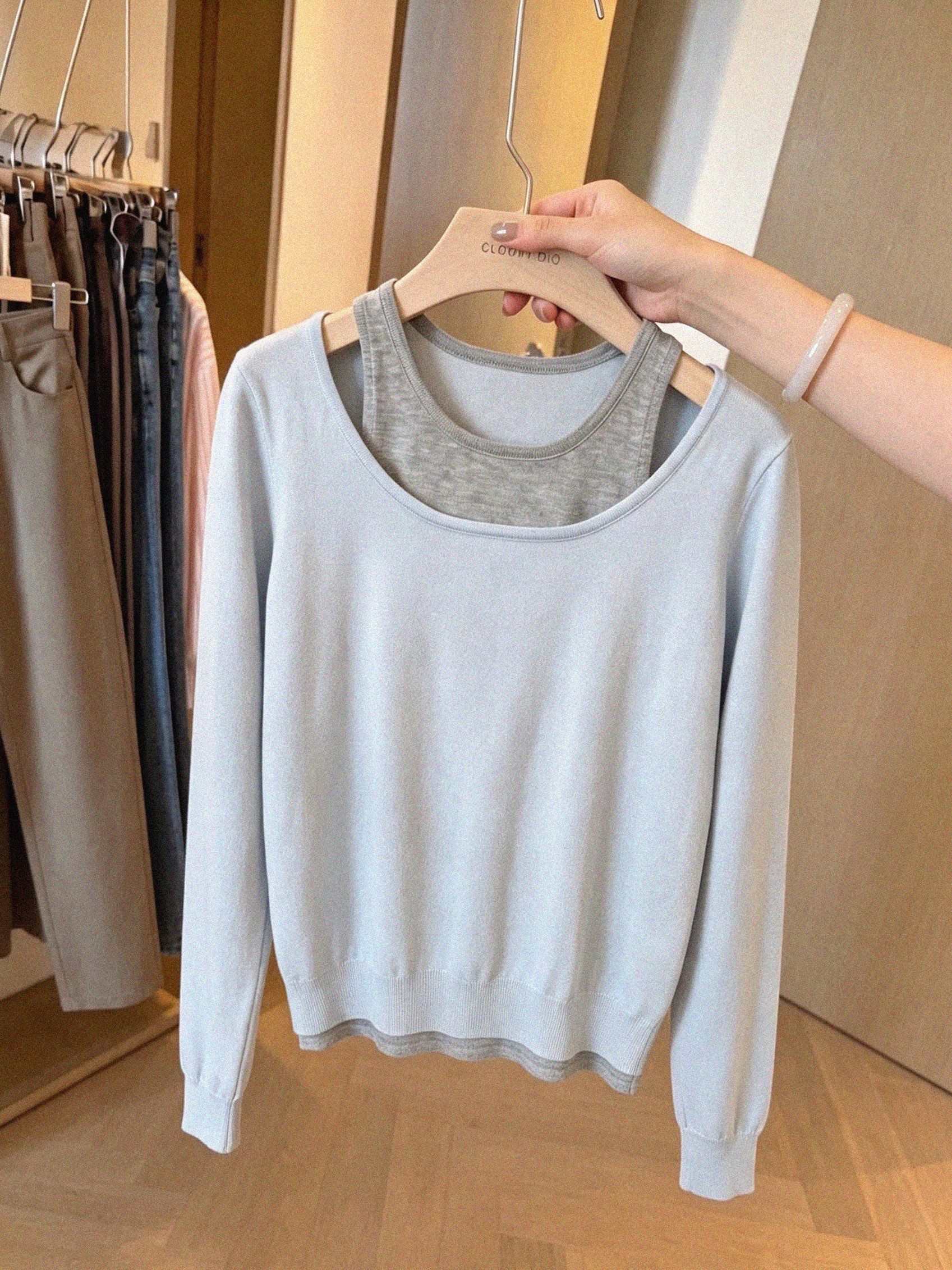 Korean Style Blue Two-Piece Asymmetric Off-Shoulder Long-Sleeve Knit Top for Women - Image 3