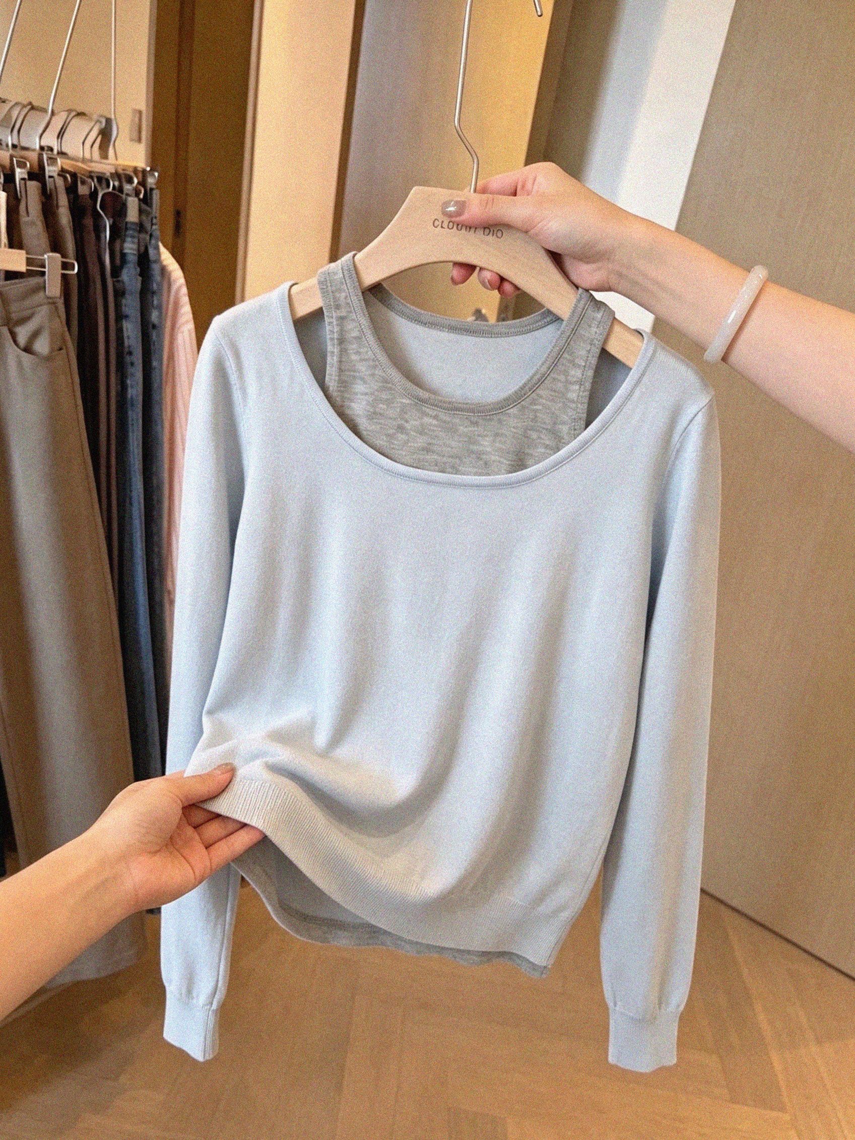 Korean Style Blue Two-Piece Asymmetric Off-Shoulder Long-Sleeve Knit Top for Women - Image 4