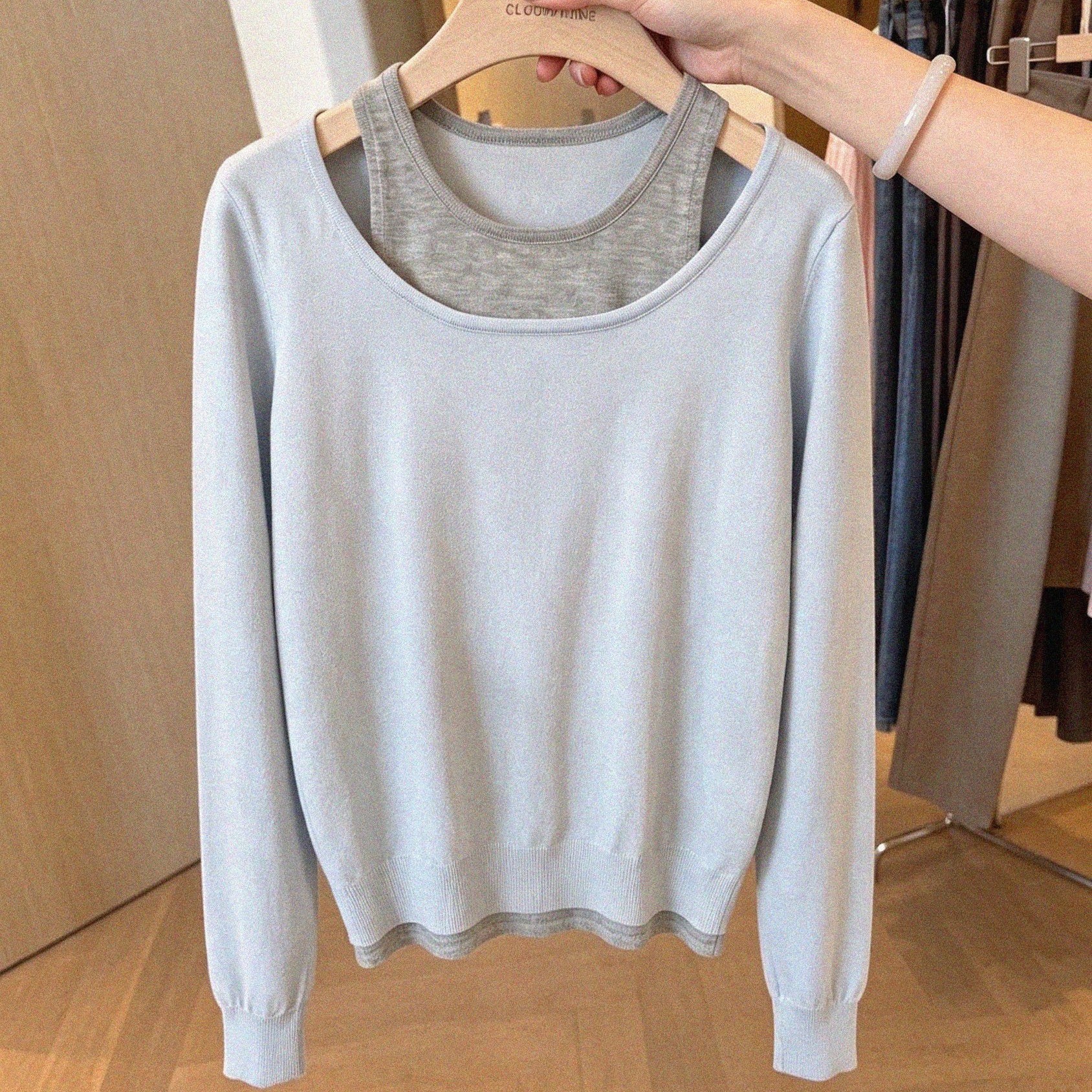 Korean Style Blue Two-Piece Asymmetric Off-Shoulder Long-Sleeve Knit Top for Women - Image 5