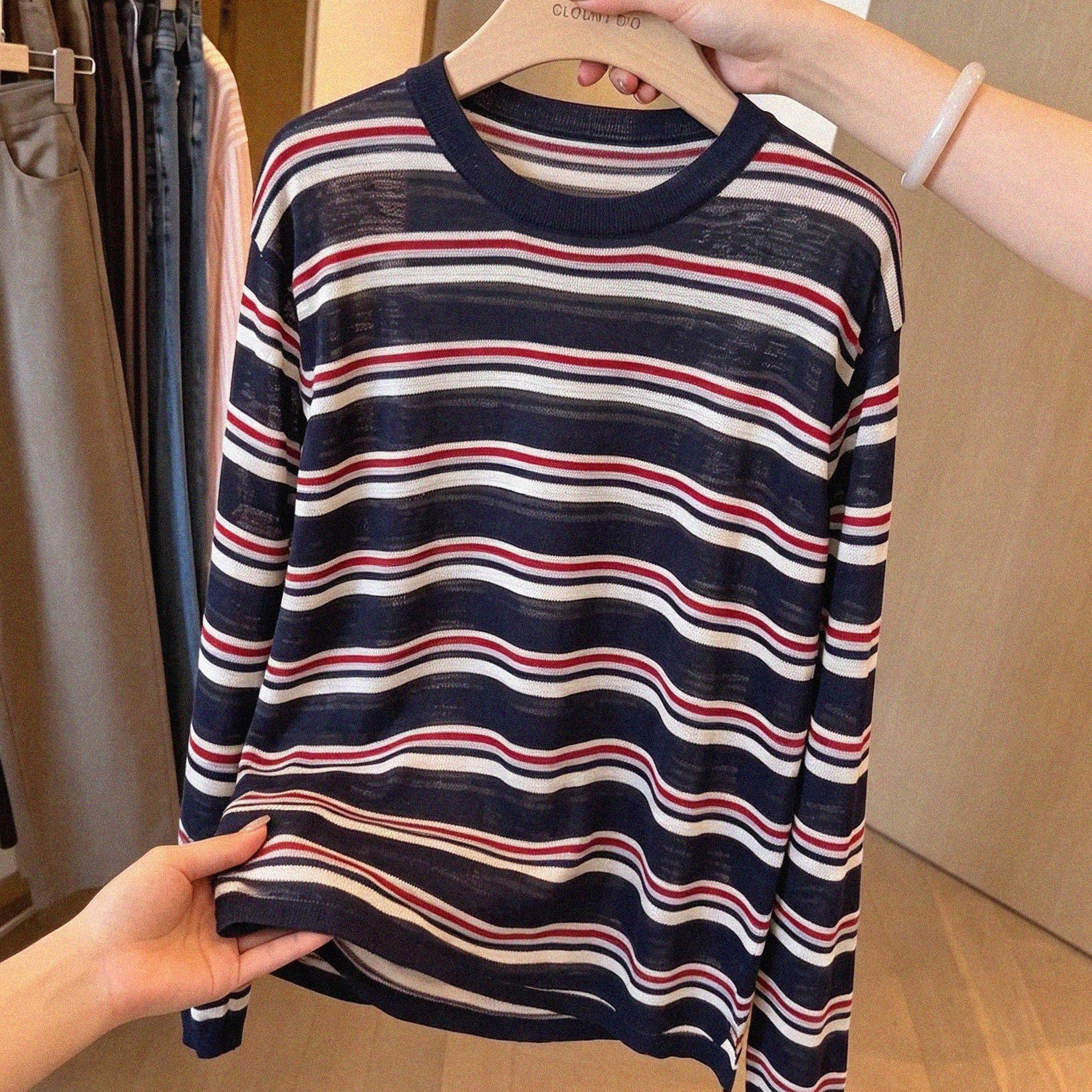 2026 Autumn Vintage Striped Long Sleeve Knit Top for Women Relaxed Sun Protection Outer Layer - Image 5