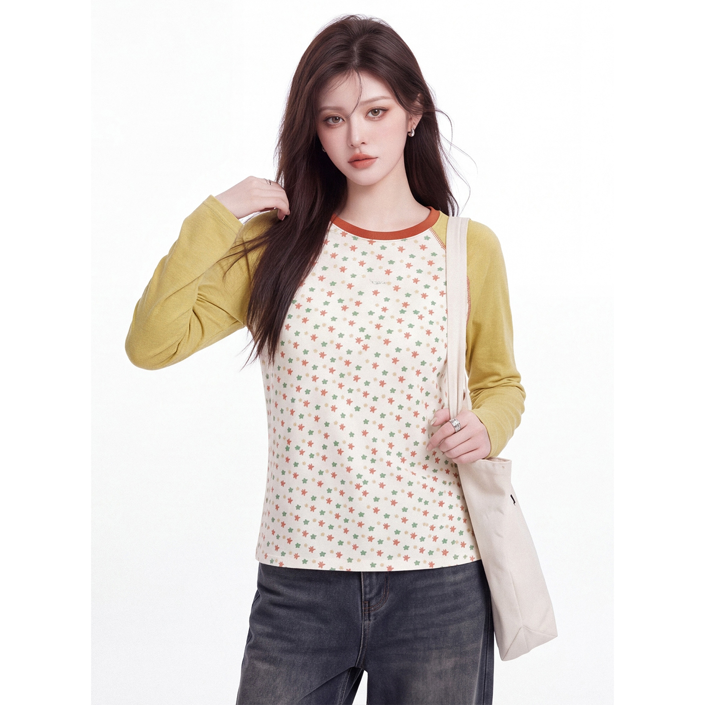 Forest Style Colorful Star Print Sun Protection Top for Women Summer New Raglan Color Block Long Sleeve Loose Crew Neck Shirt