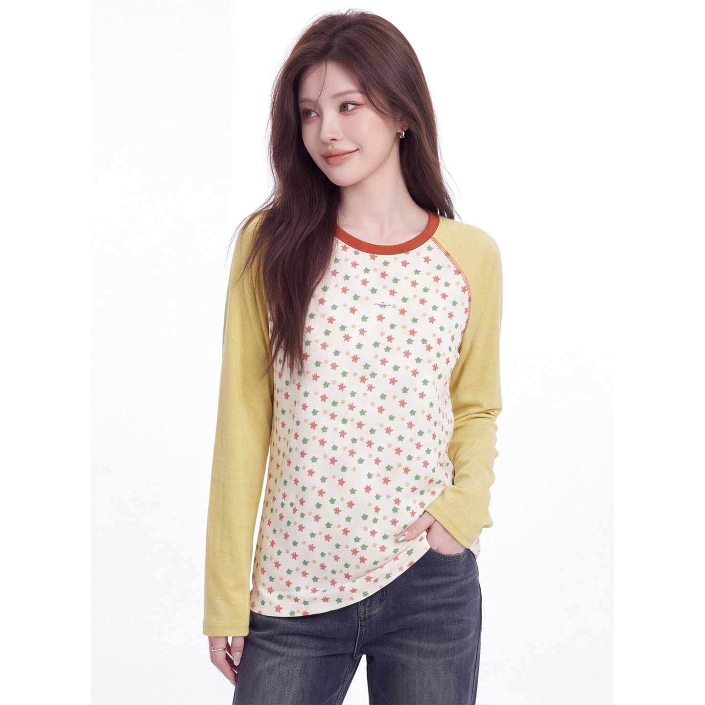 Forest Style Colorful Star Print Sun Protection Top for Women Summer New Raglan Color Block Long Sleeve Loose Crew Neck Shirt - Image 2