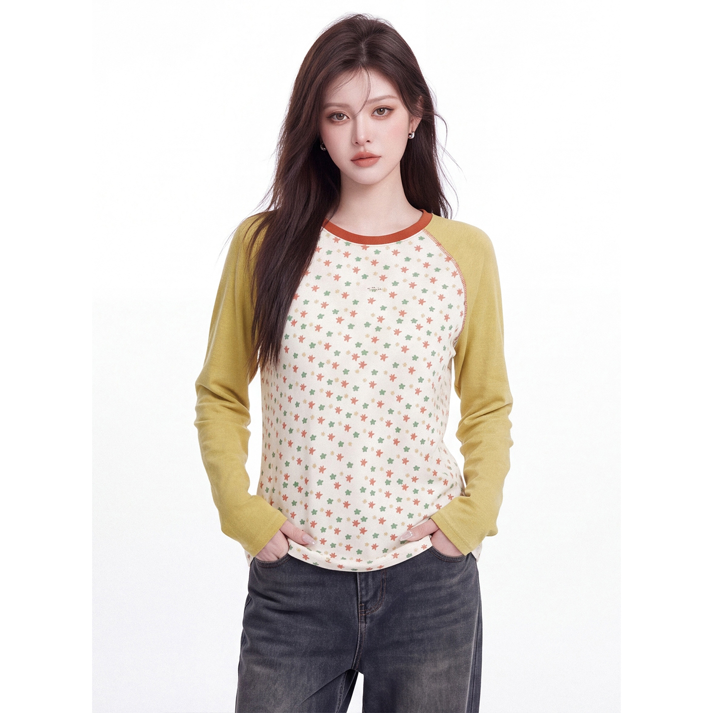 Forest Style Colorful Star Print Sun Protection Top for Women Summer New Raglan Color Block Long Sleeve Loose Crew Neck Shirt - Image 4