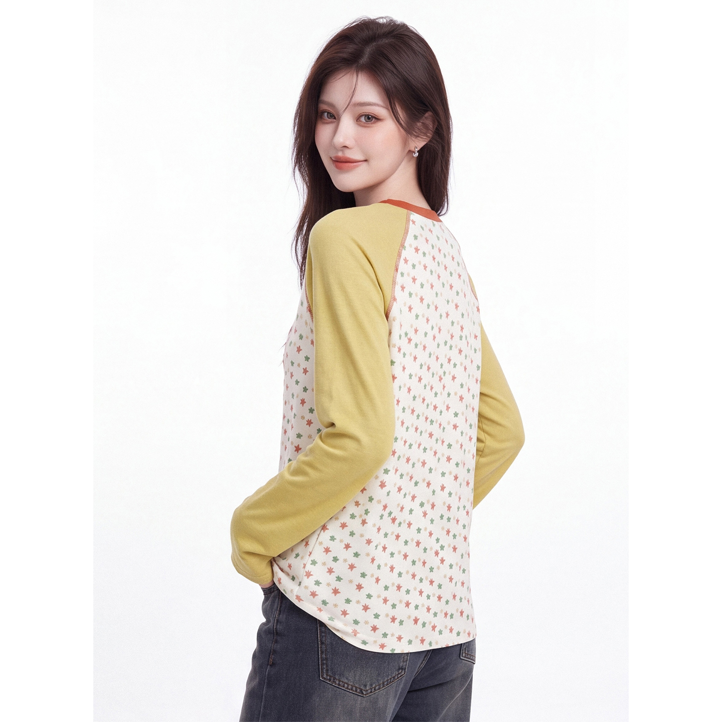 Forest Style Colorful Star Print Sun Protection Top for Women Summer New Raglan Color Block Long Sleeve Loose Crew Neck Shirt - Image 5