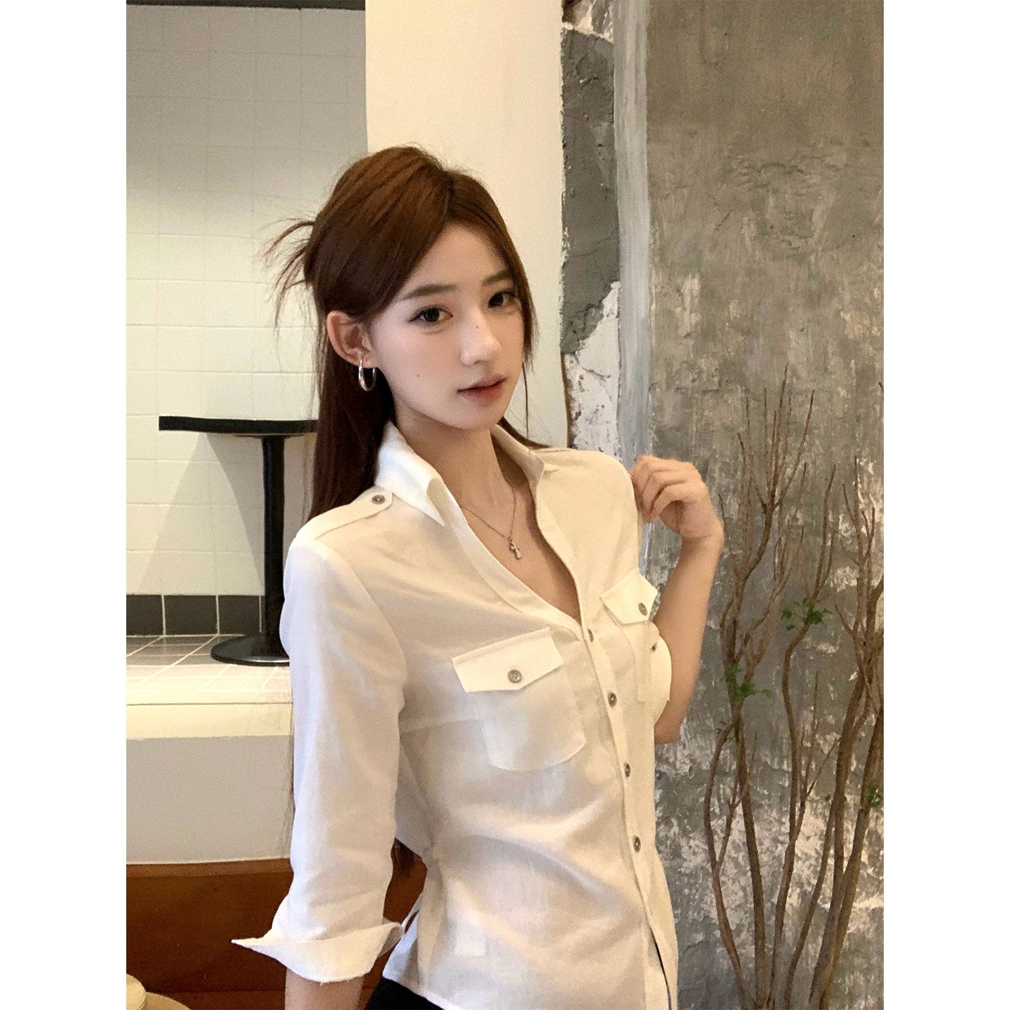 Women's White V-Neck Mid-Sleeve Shirt Fall 2026 Slim Fit Blouse
