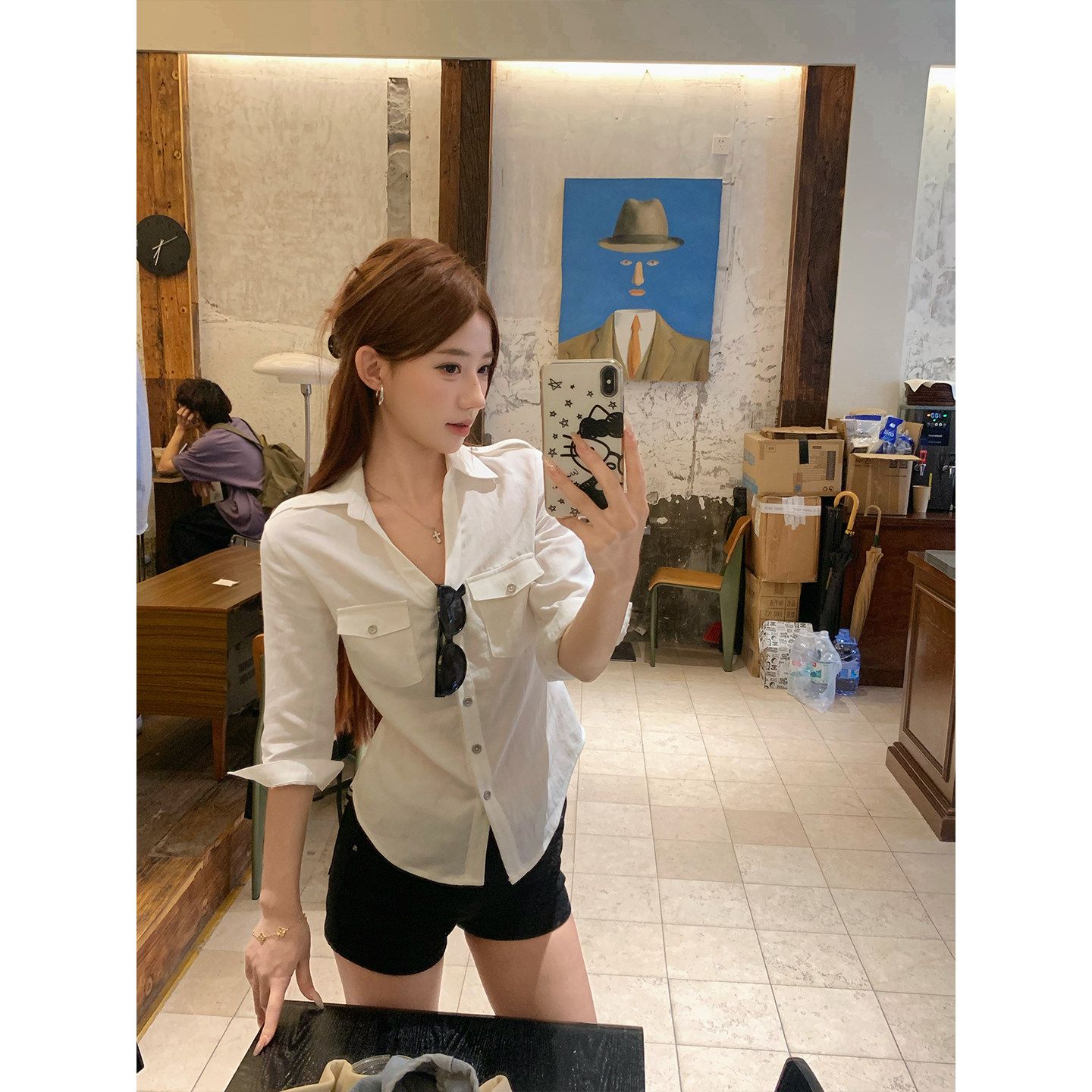 Women's White V-Neck Mid-Sleeve Shirt Fall 2026 Slim Fit Blouse - Image 2
